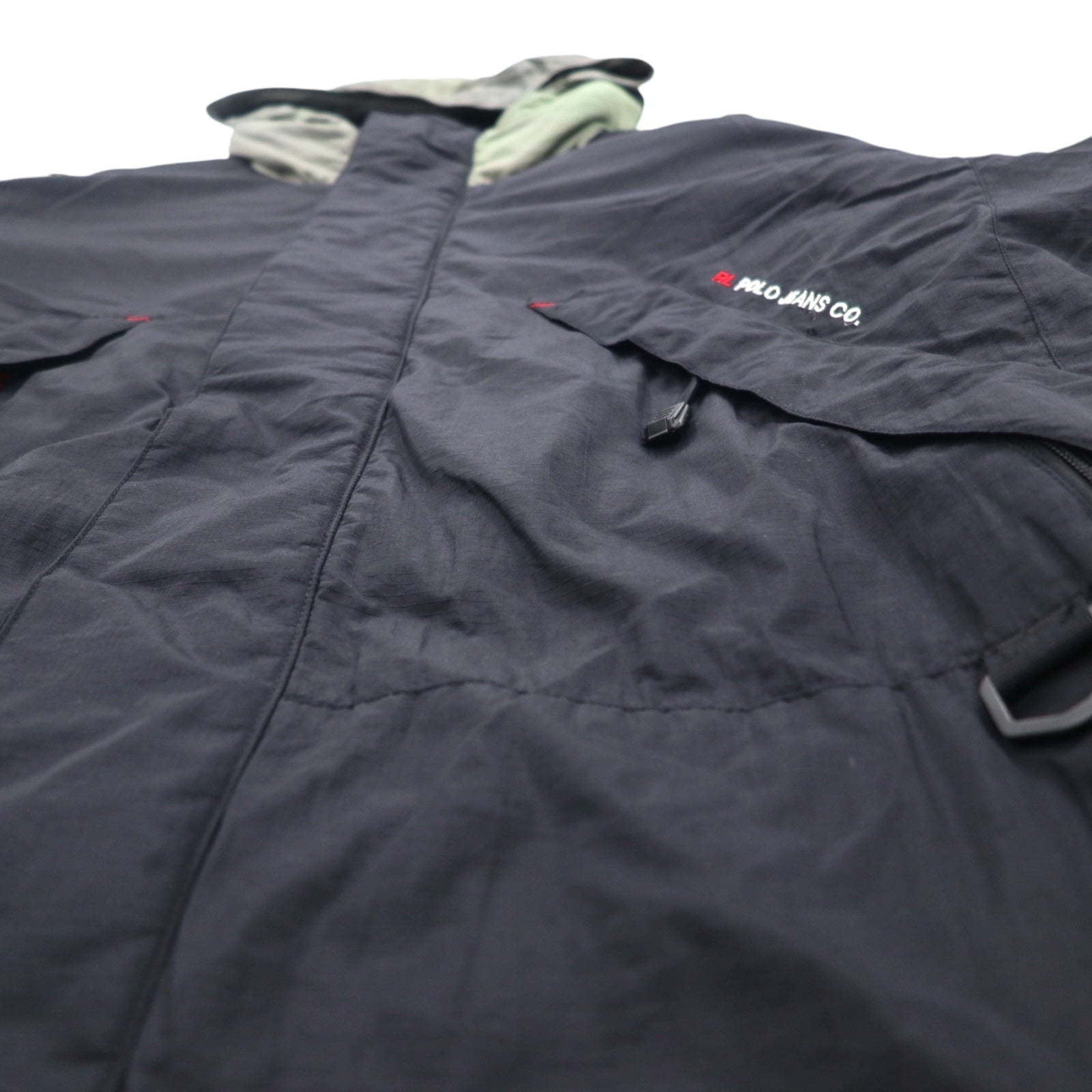 POLO JEANS Co. RALPH LAUREN anni '90, giacca a vento con cappuccio a scomparsa, taglia L, verde e nero, in nylon ripstop