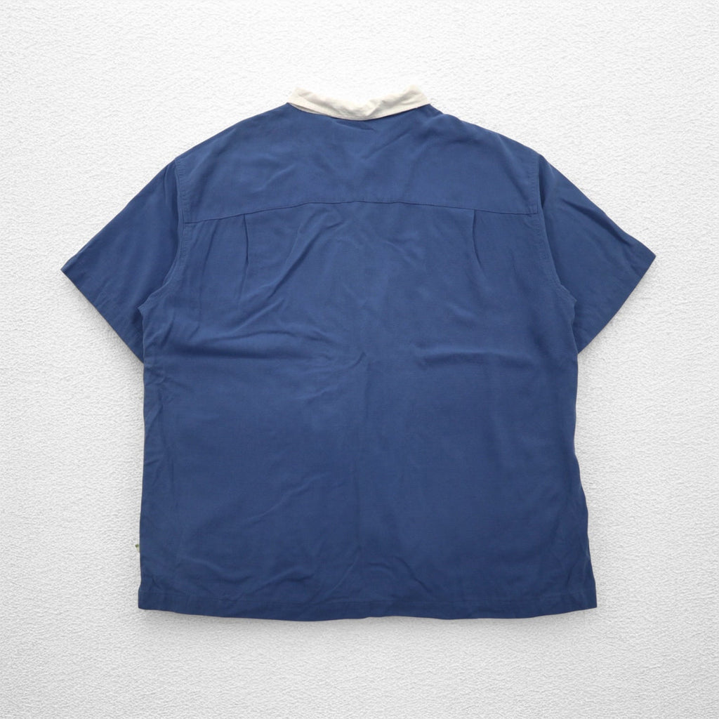 Island Shores シルク 半袖 オープンカラーシャツ 開襟 アロハシャツ 2XL ブルー ボックスシルエット ウォッシャブル