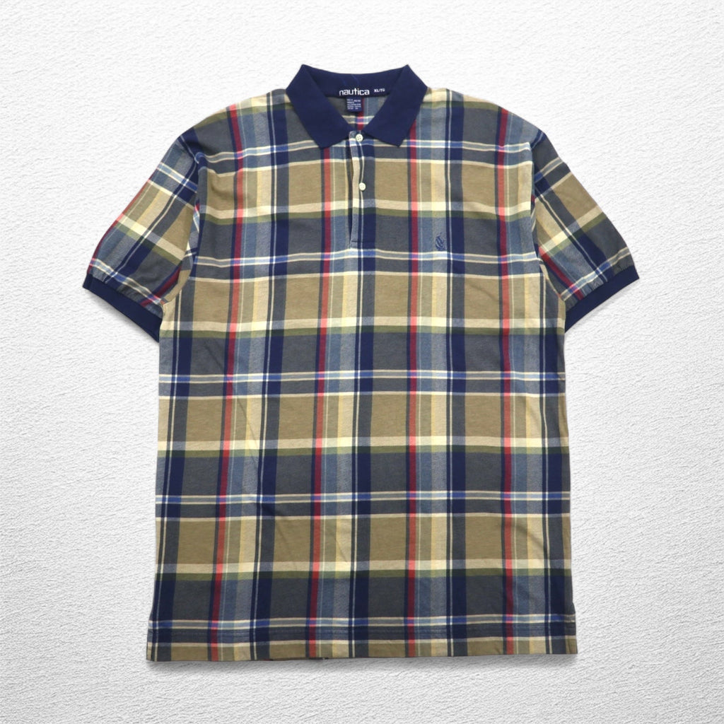 nautica 90年代 ポロシャツ XL ネイビー チェック コットン ワンポイントロゴ刺繍