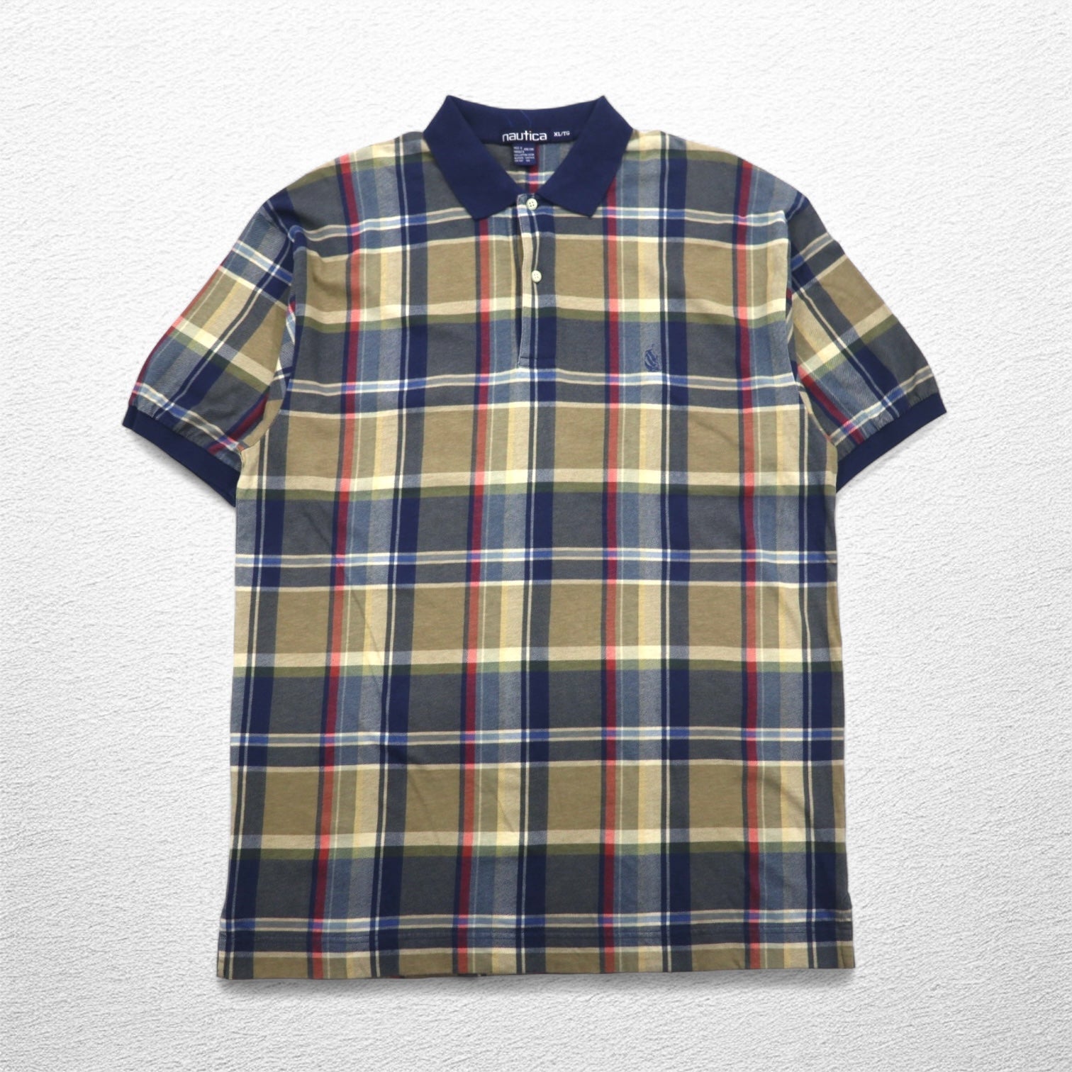 Polo Nautica anni '90, taglia XL, blu navy, a quadri, in cotone, con logo ricamato.