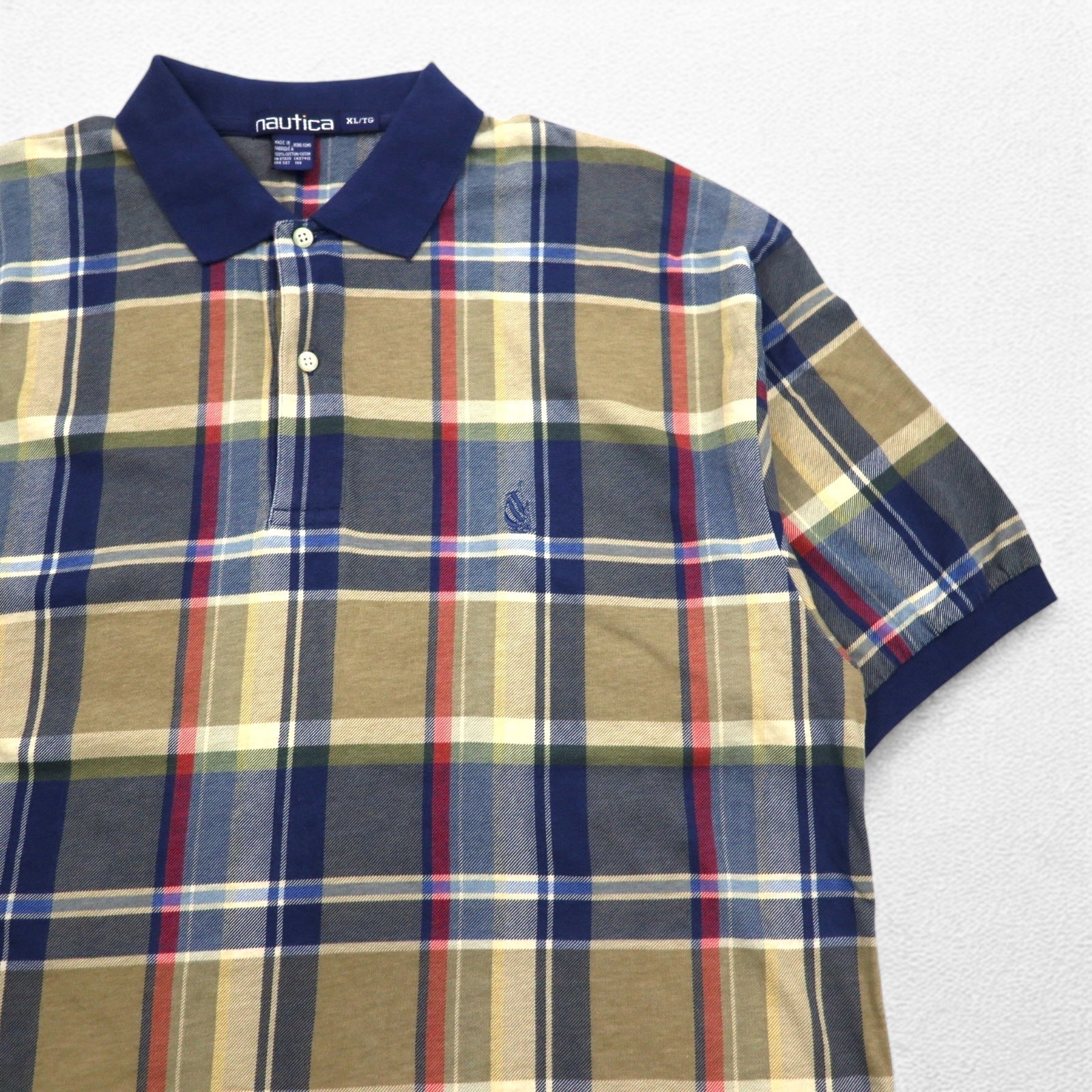 Polo Nautica anni '90, taglia XL, blu navy, a quadri, in cotone, con logo ricamato.