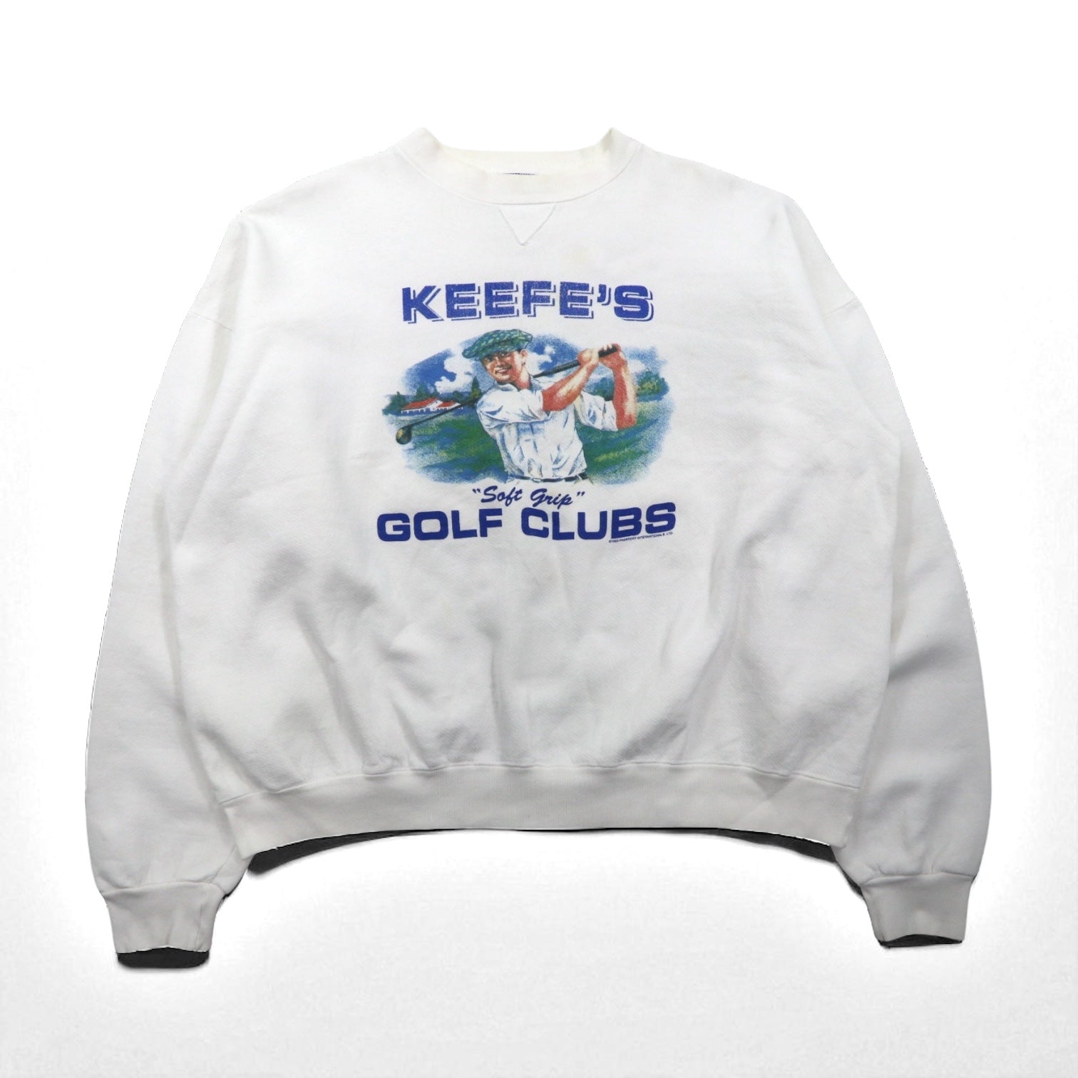 Anni '90, USA, THE PERFECTSHIRT COMPANY, felpa stampata con inserto a V sul collo, 2XL, bianca, felpata all'interno, KEEFE'S GOLF CLUBS