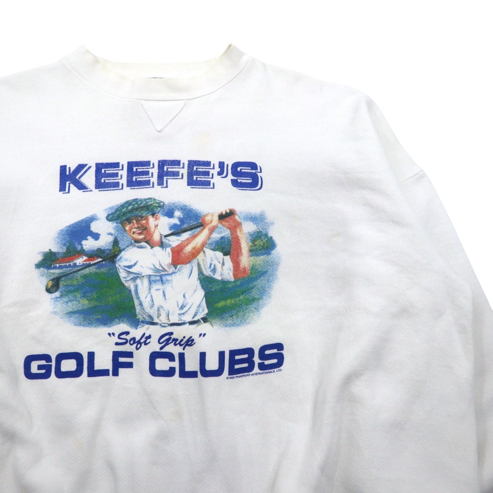 Anni '90, USA, THE PERFECTSHIRT COMPANY, felpa stampata con inserto a V sul collo, 2XL, bianca, felpata all'interno, KEEFE'S GOLF CLUBS