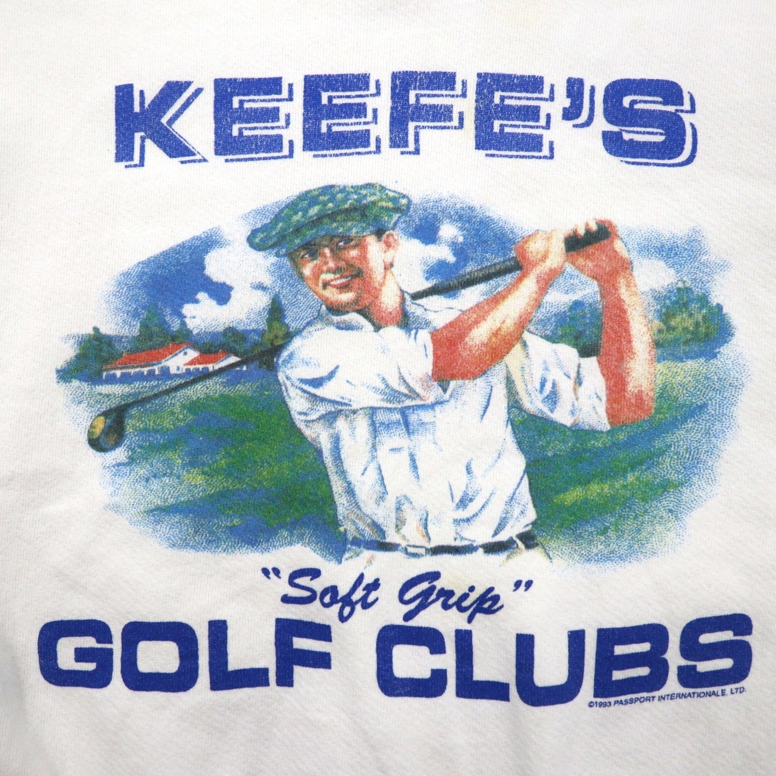 Anni '90, USA, THE PERFECTSHIRT COMPANY, felpa stampata con inserto a V sul collo, 2XL, bianca, felpata all'interno, KEEFE'S GOLF CLUBS