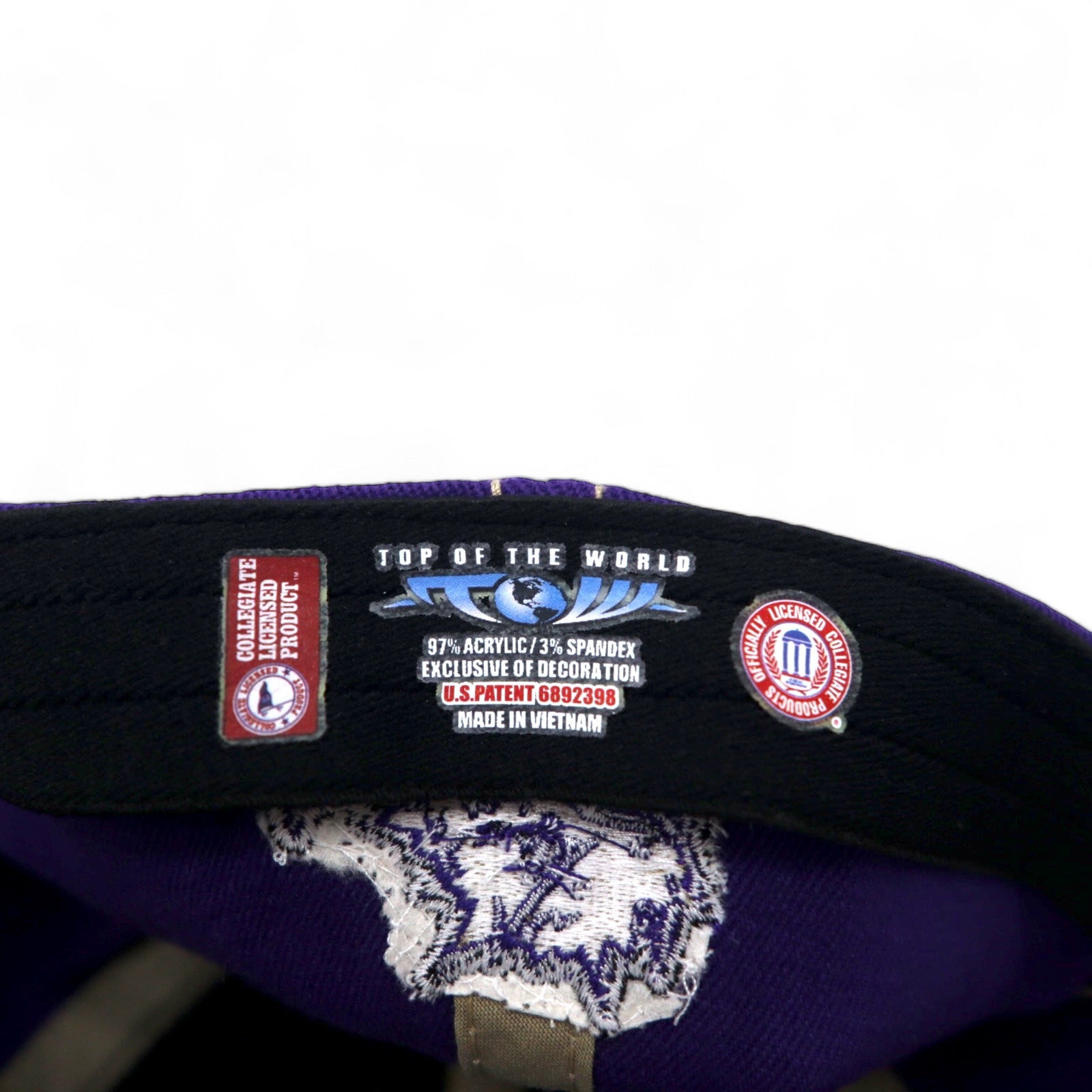 TOP OF THE WORLD College Embroidery Baseball Cap ONE Nero Viola Acrilico TCU Nuovo