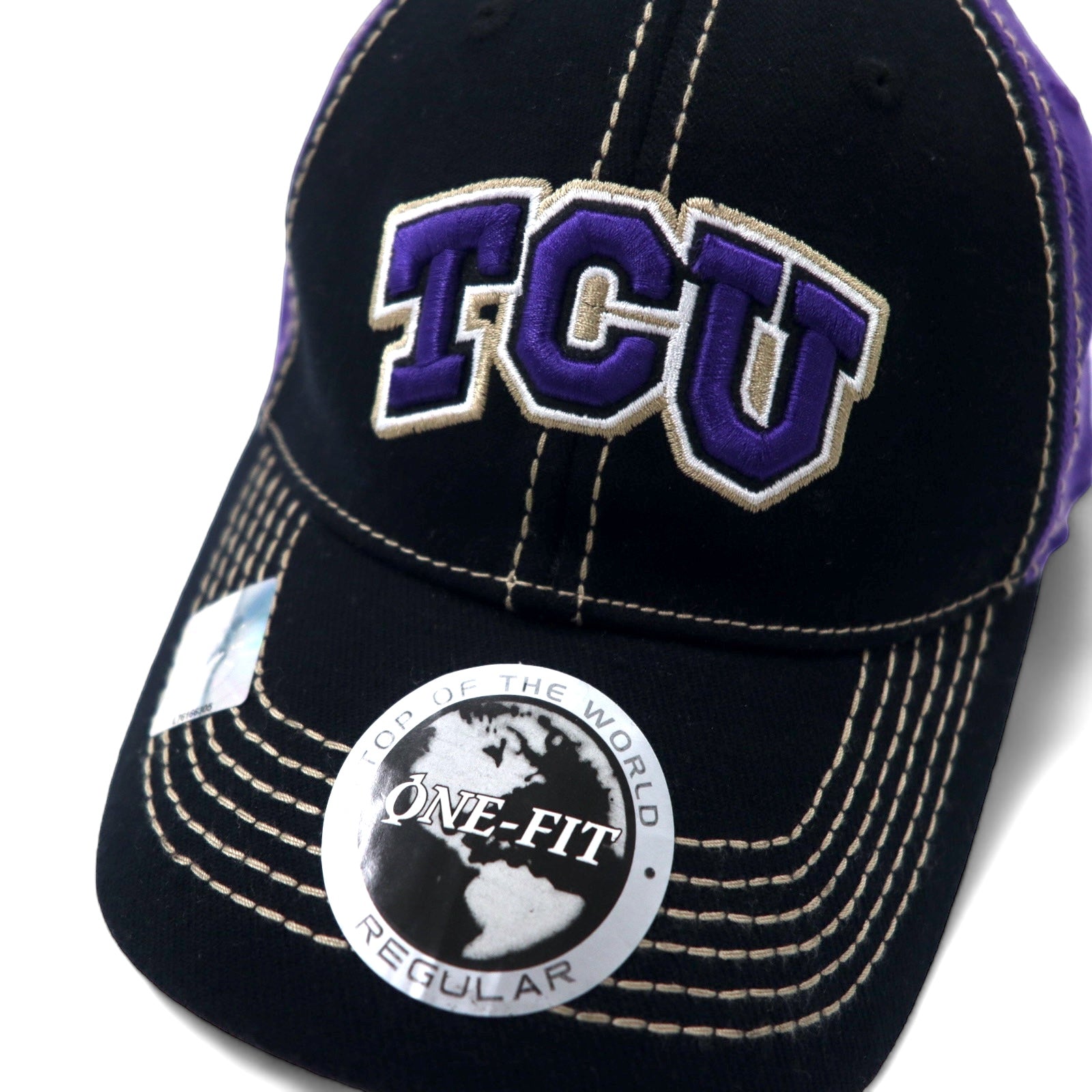 TOP OF THE WORLD College Embroidery Baseball Cap ONE Nero Viola Acrilico TCU Nuovo
