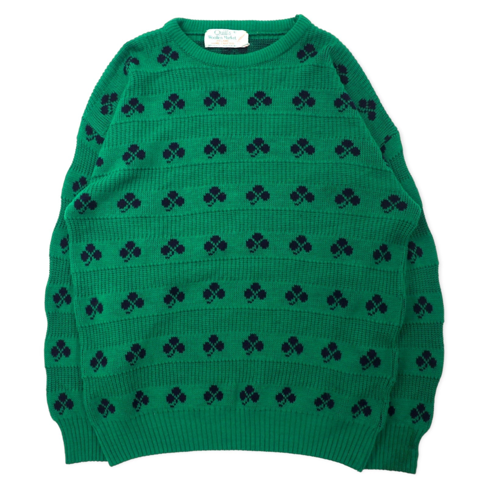 Maglione in lana Quill, anni '70, made in Ireland, a maglia grossa, taglia XL, verde, fantasia quadrifoglio, acrilico, oversize