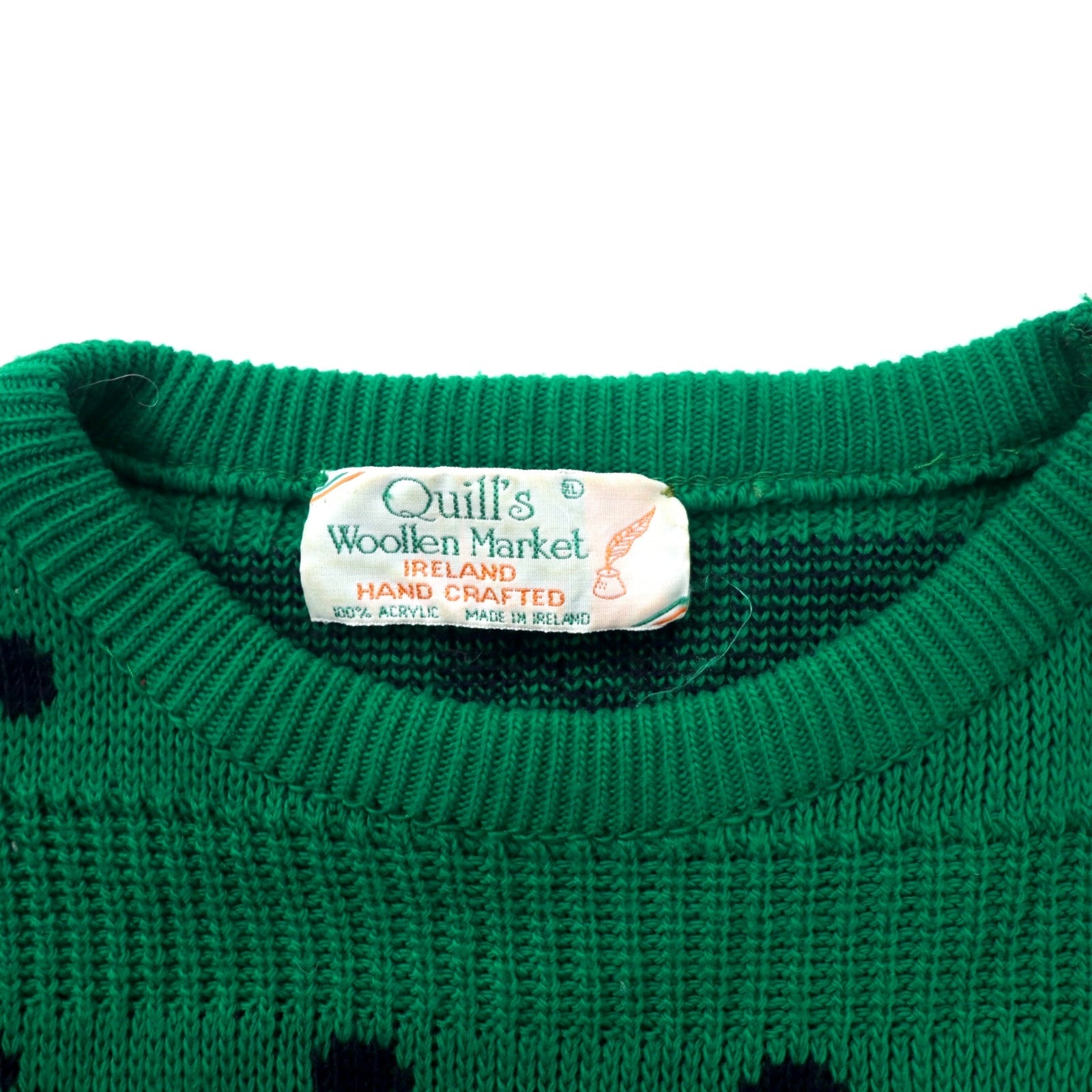 Maglione in lana Quill, anni '70, made in Ireland, a maglia grossa, taglia XL, verde, fantasia quadrifoglio, acrilico, oversize