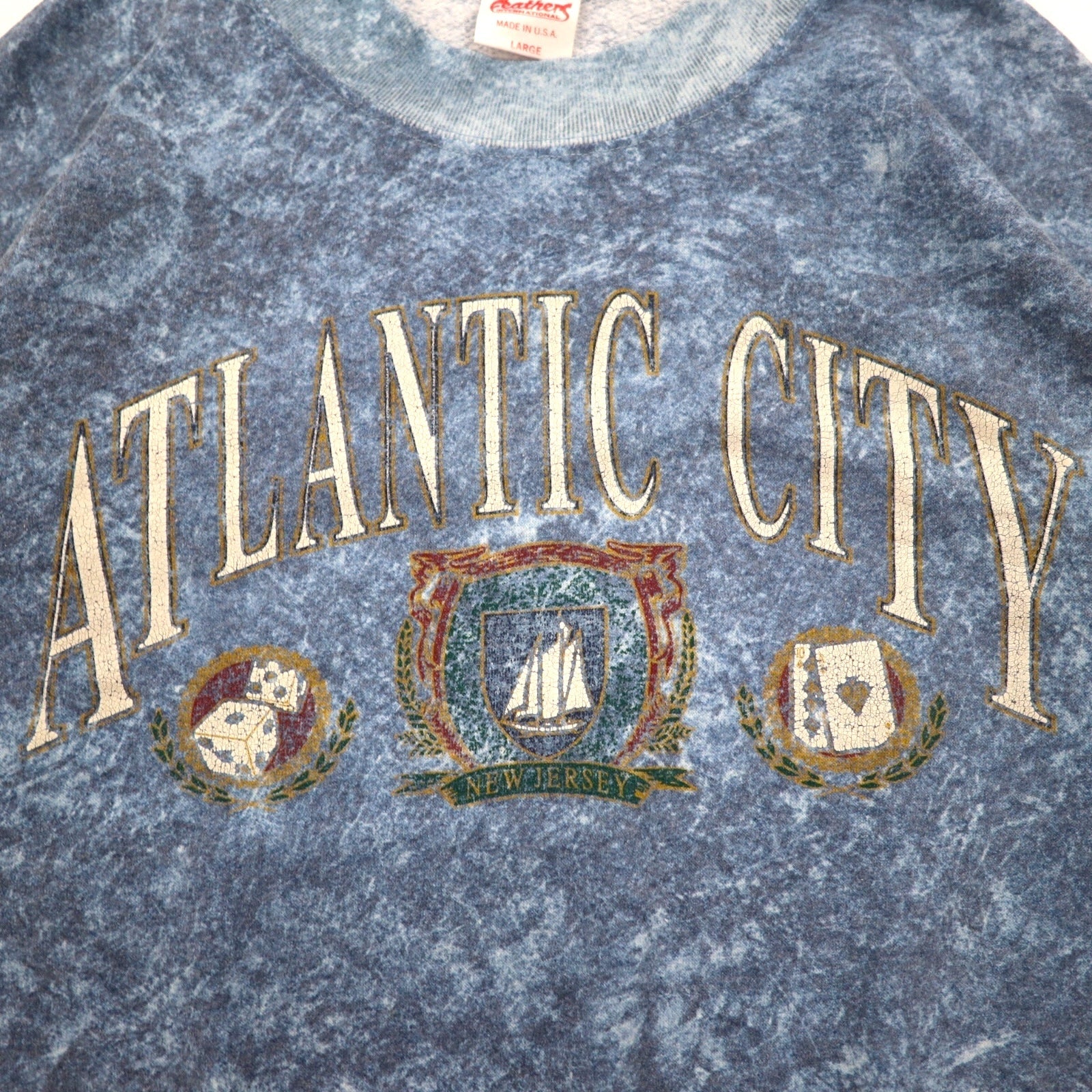 Felpa vintage anni '90, Made in USA, con piume, anni '90, felpa stone wash, taglia L, blu, ATLANTIC CITY