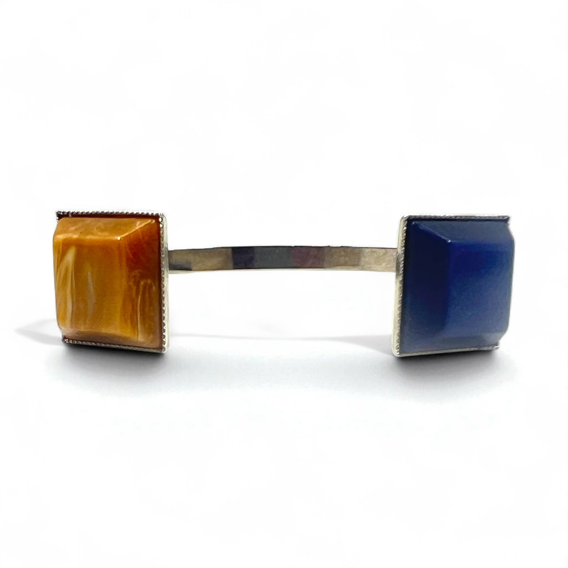 TOGA Bracciale rigido in pietra colorata, bracciale a polsino, metallo argentato, quadrato, blu ambra
