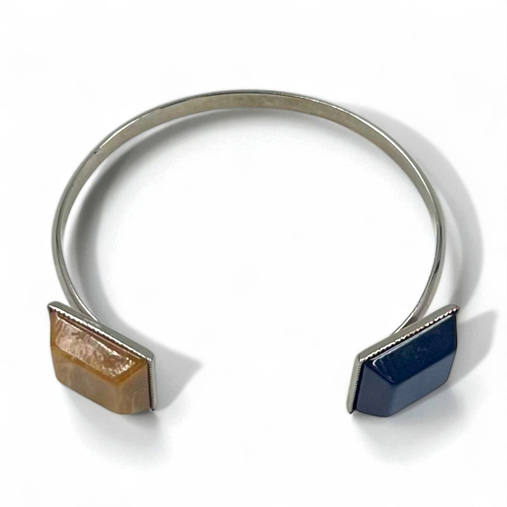 TOGA Bracciale rigido in pietra colorata, bracciale a polsino, metallo argentato, quadrato, blu ambra