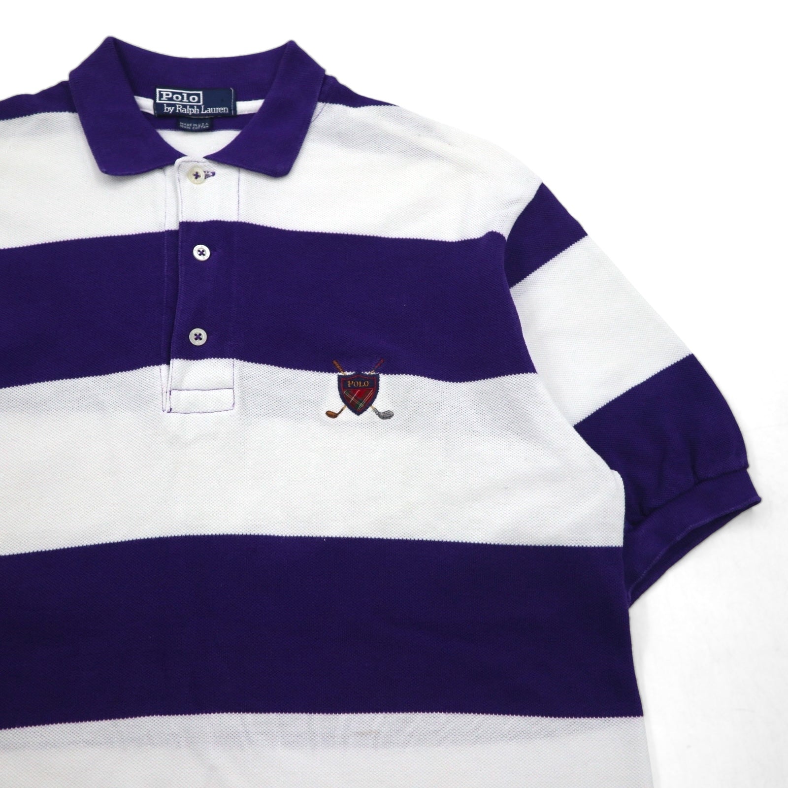 Polo by Ralph Lauren 90年代 USA製 ボーダー ポロシャツ L パープル ホワイト 鹿の子 ワンポイントロゴ刺繍
