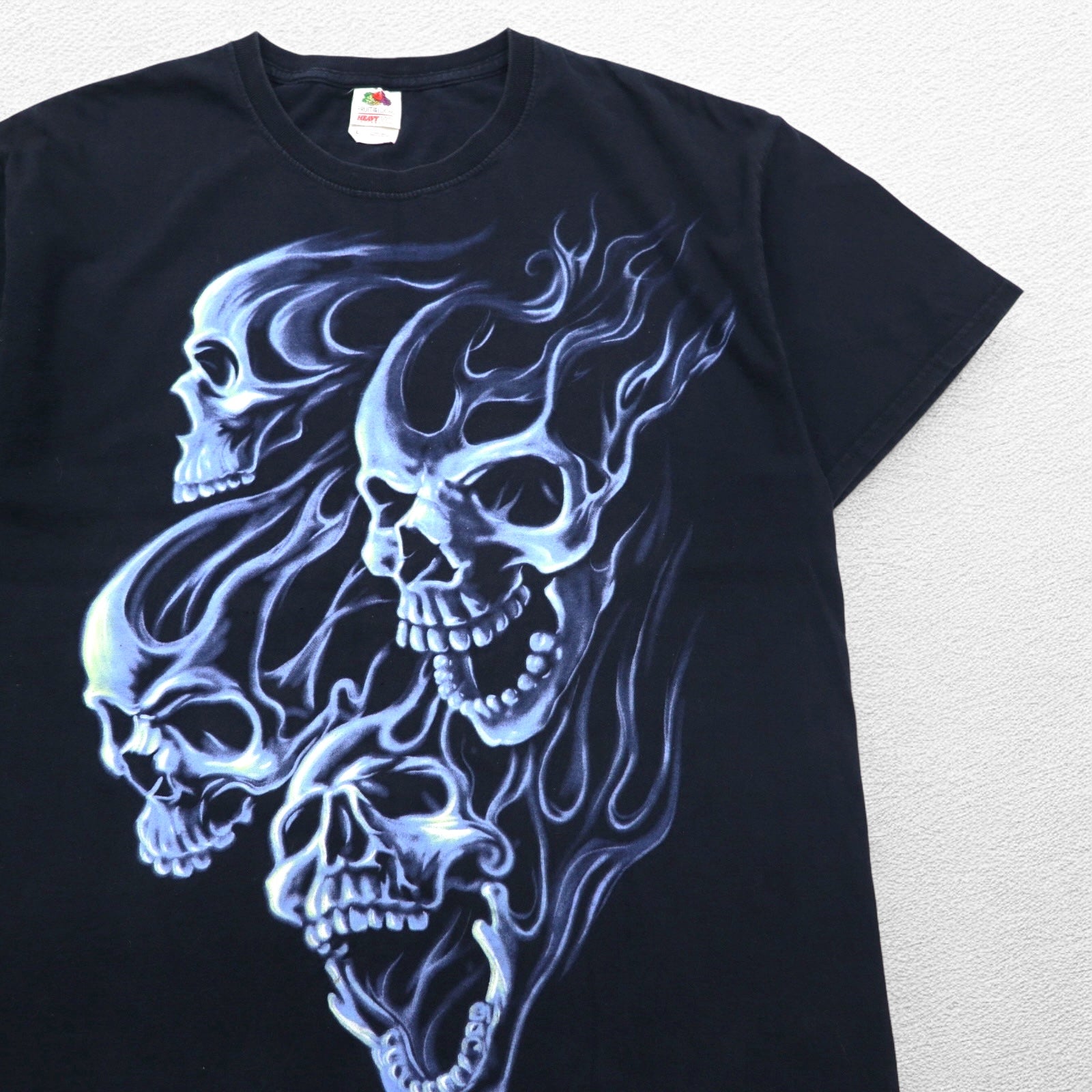 FRUIT OF THE LOOM Anni 2000 T-shirt con stampa teschio L Nero Cotone Fire Spirit