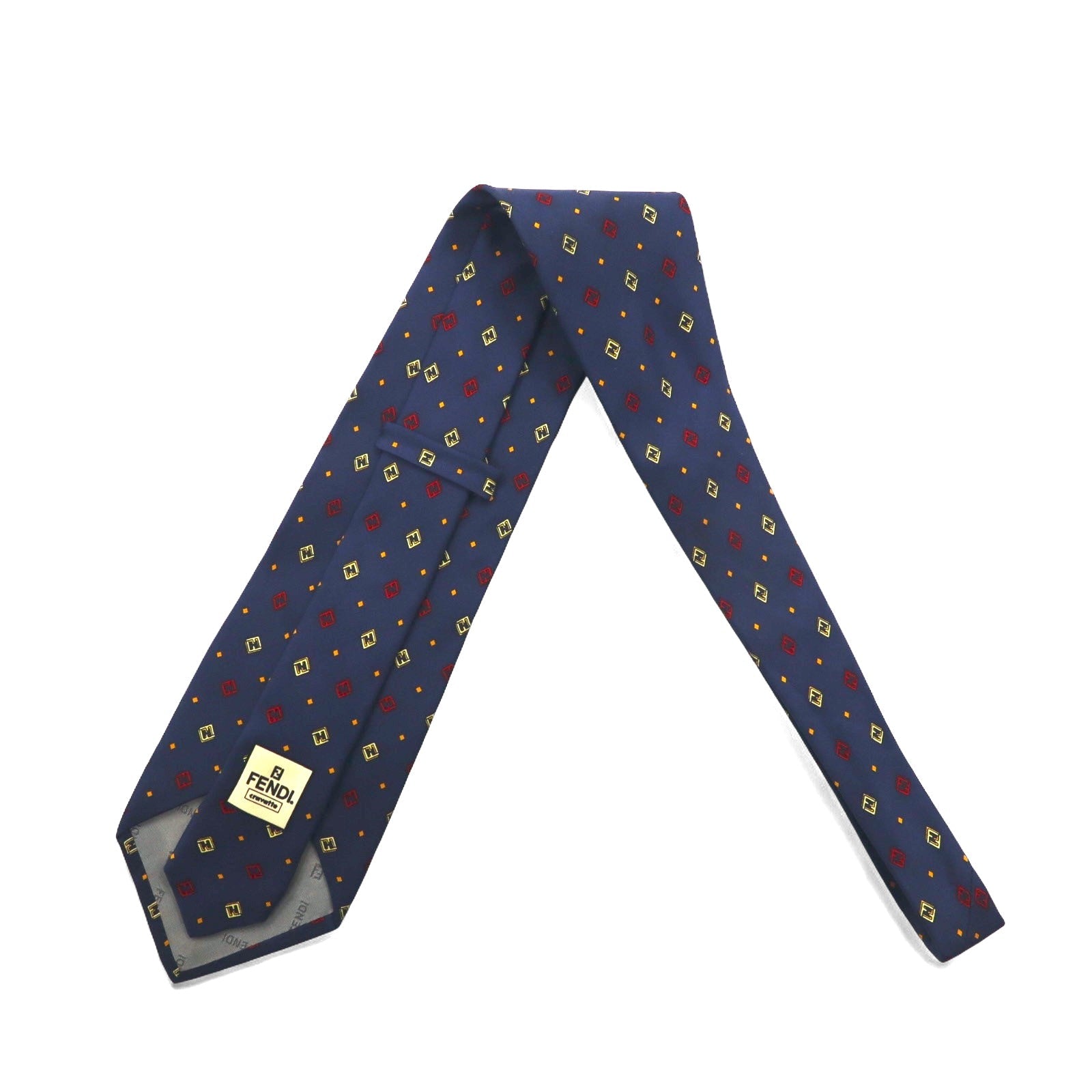 FENDI Made in Italy Vintage Zucca FF Logo Cravatta Blu Navy Seta Micro Fantasia All Over