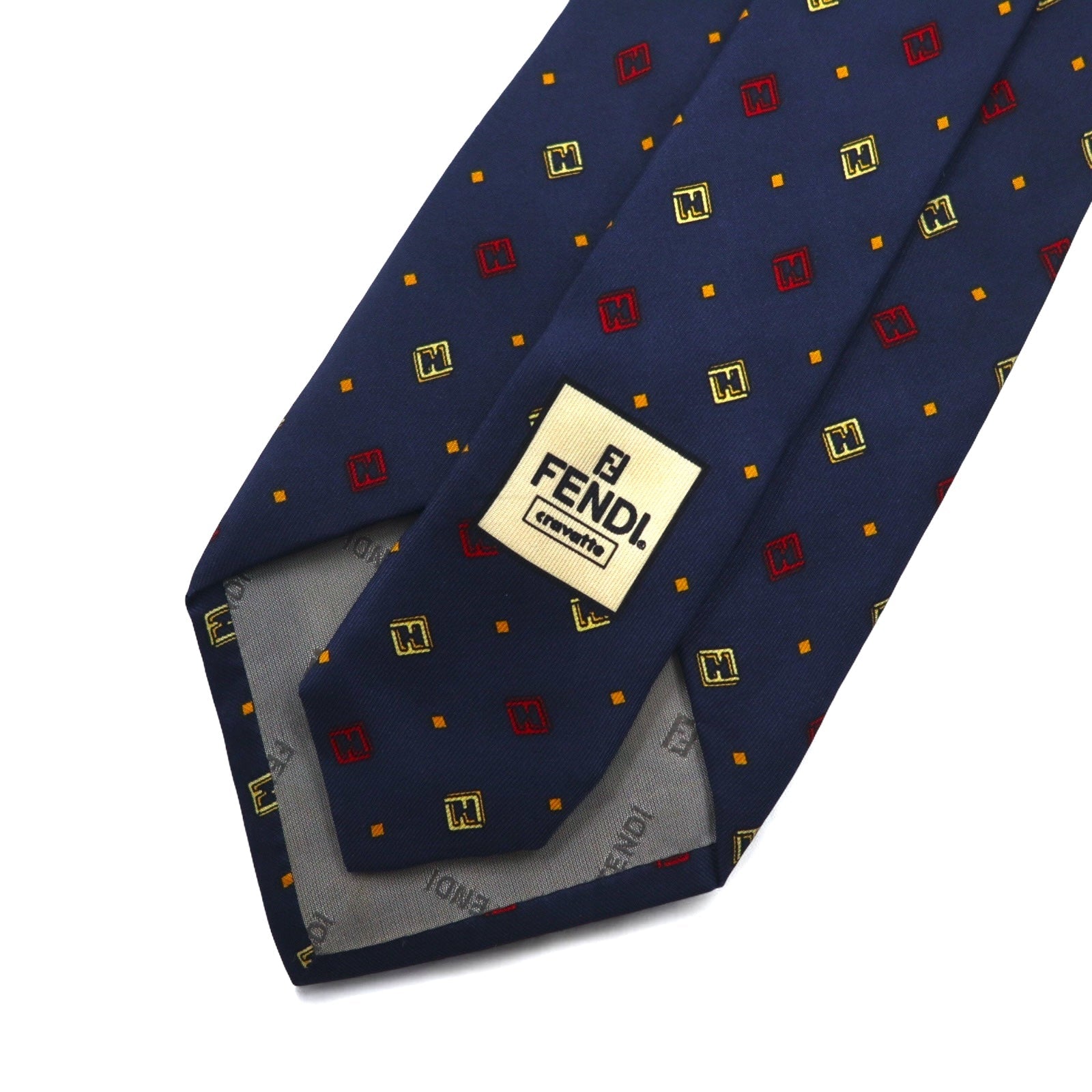 FENDI Made in Italy Vintage Zucca FF Logo Cravatta Blu Navy Seta Micro Fantasia All Over