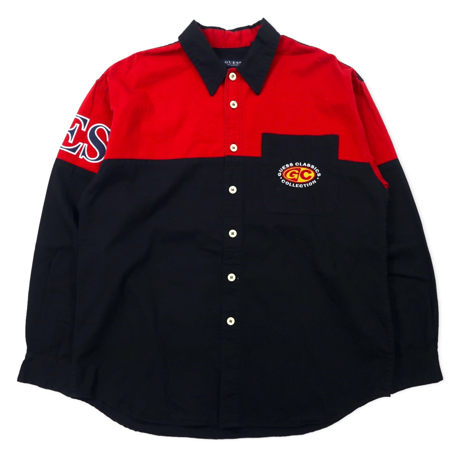 GUESS CLASSICS Camicia da lavoro con logo ricamato anni '90, taglia XL, bicolore nero e rosso, in cotone