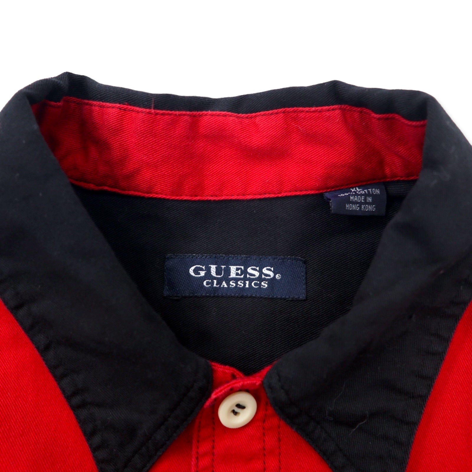 GUESS CLASSICS Camicia da lavoro con logo ricamato anni '90, taglia XL, bicolore nero e rosso, in cotone