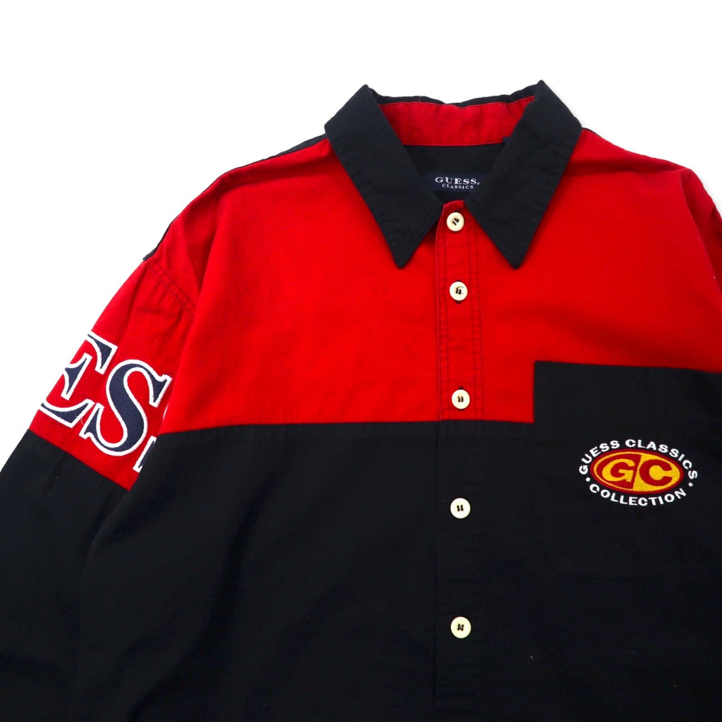 GUESS CLASSICS Camicia da lavoro con logo ricamato anni '90, taglia XL, bicolore nero e rosso, in cotone