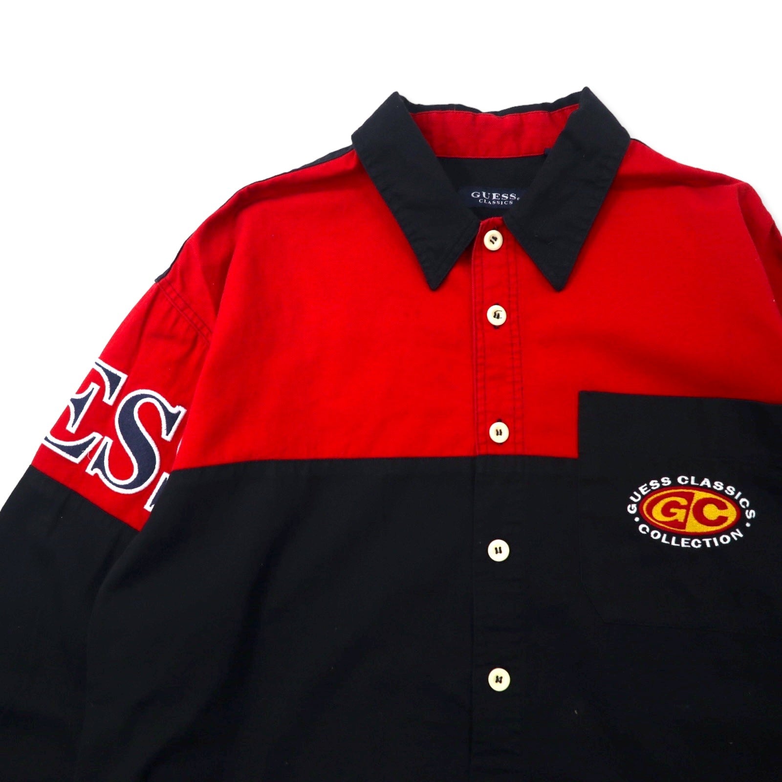 GUESS CLASSICS Camicia da lavoro con logo ricamato anni '90, taglia XL, bicolore nero e rosso, in cotone