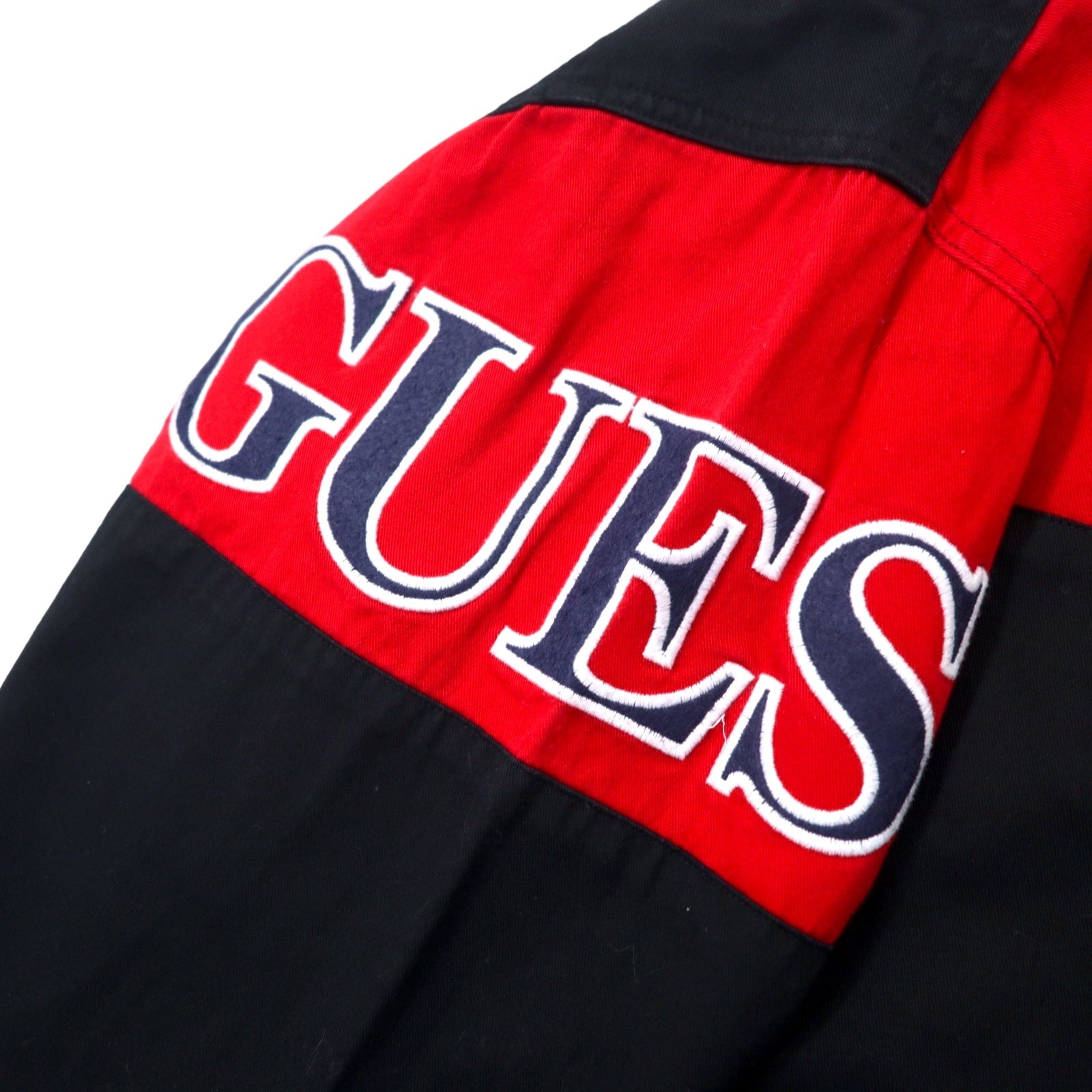 GUESS CLASSICS Camicia da lavoro con logo ricamato anni '90, taglia XL, bicolore nero e rosso, in cotone