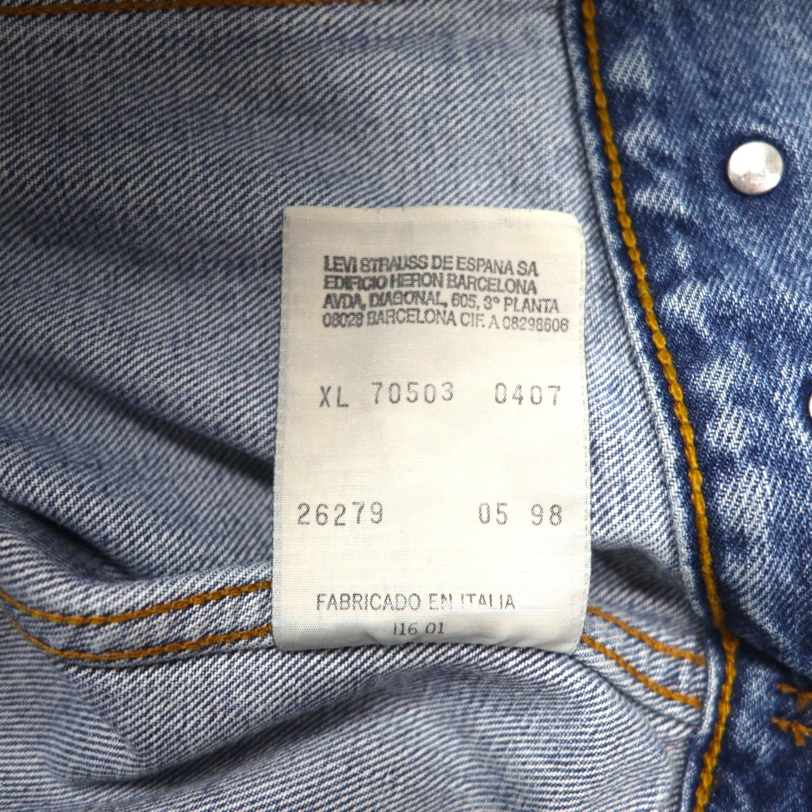 Giacca di jeans Levi's anni '90, modello europeo, made in Italy, taglia XL, colore indaco blu, 70503 0407