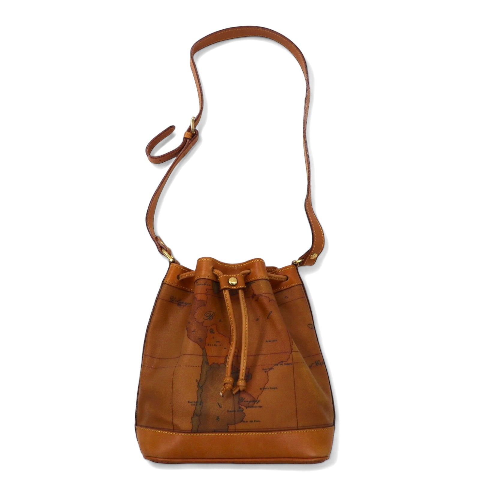 PRIMA CLASSE Borsa a tracolla con coulisse in PVC beige e pelle, motivo mappa del mondo, Made in Italy