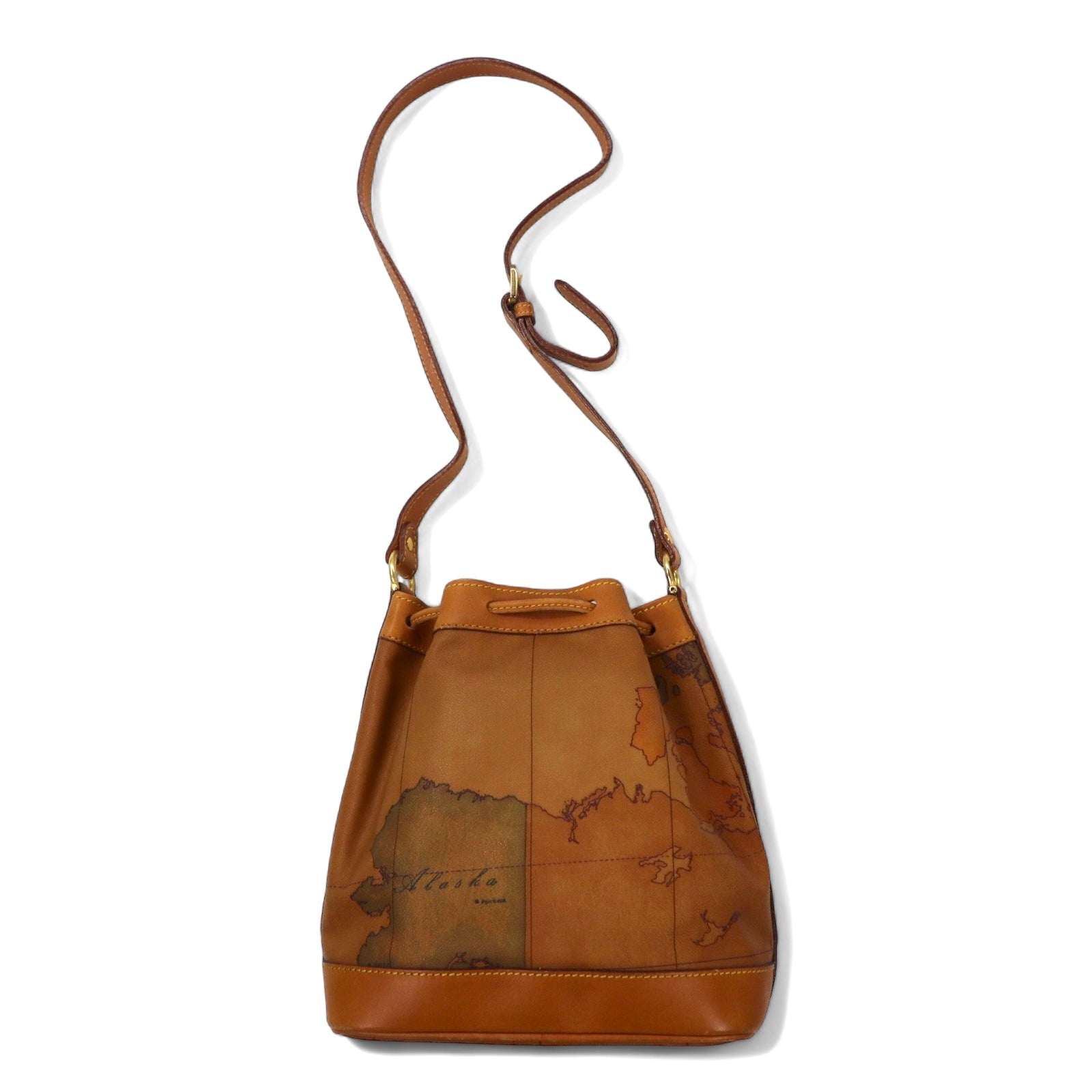 PRIMA CLASSE Borsa a tracolla con coulisse in PVC beige e pelle, motivo mappa del mondo, Made in Italy