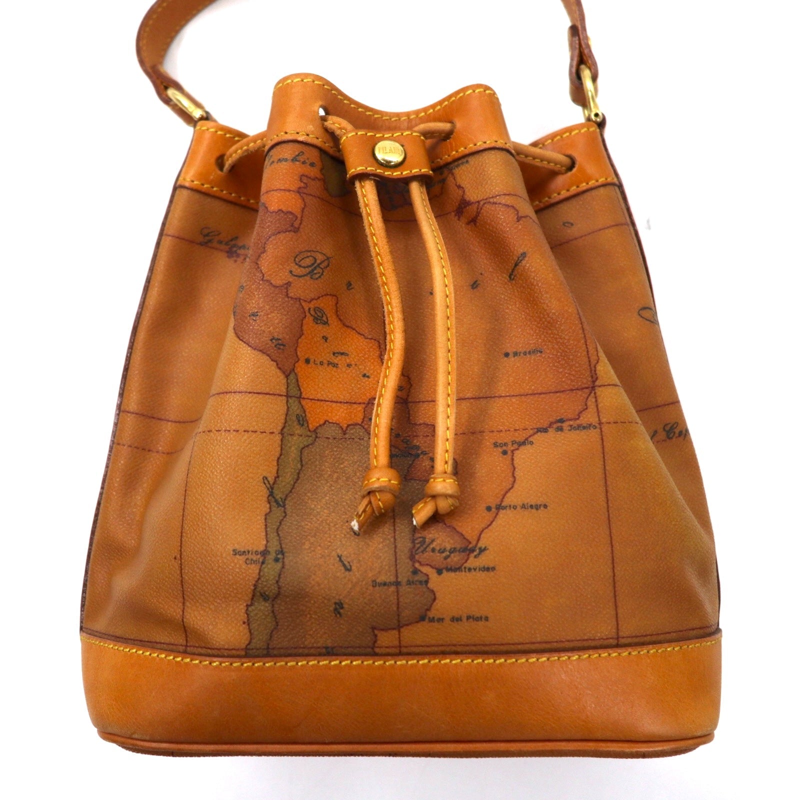 PRIMA CLASSE Borsa a tracolla con coulisse in PVC beige e pelle, motivo mappa del mondo, Made in Italy