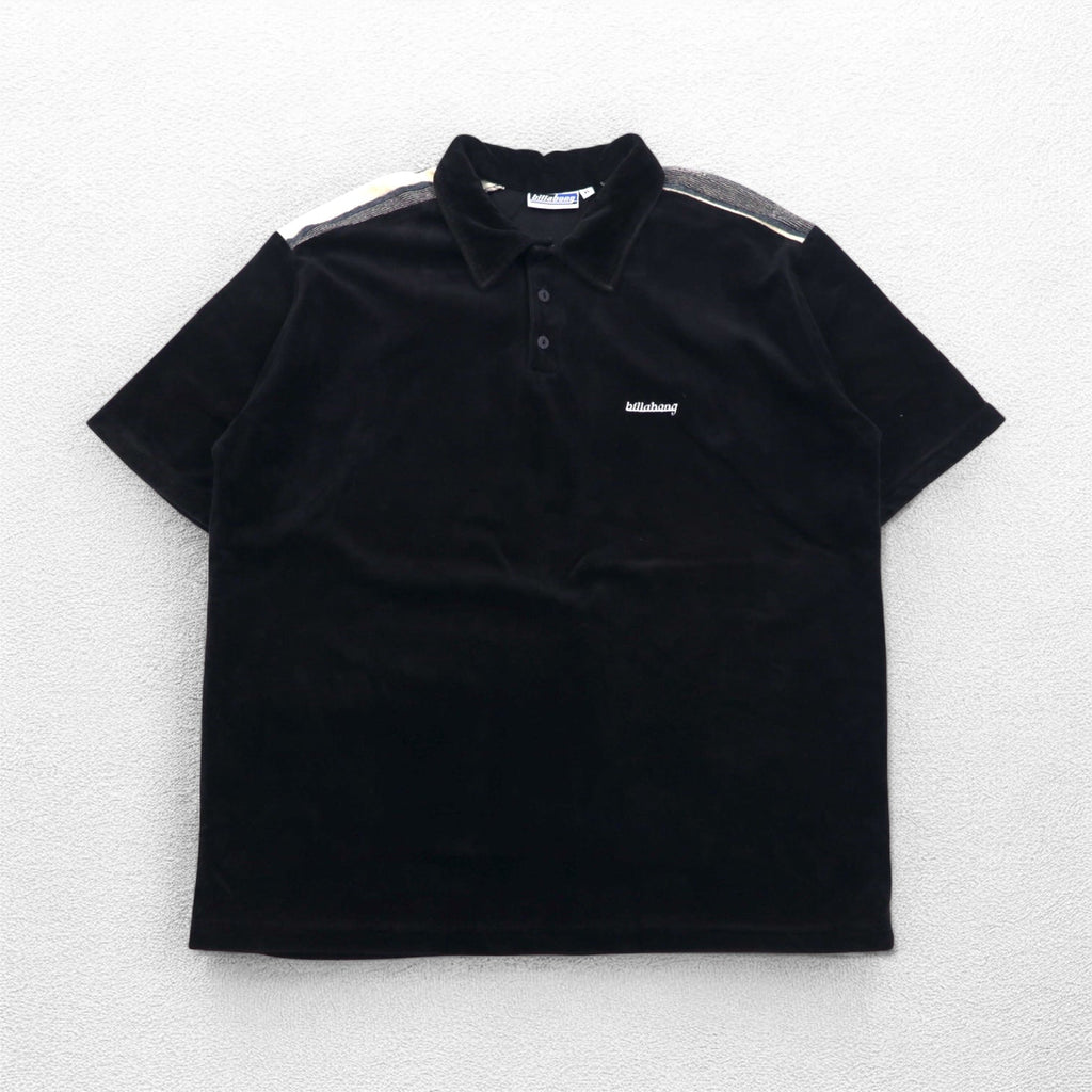 Billabong anni '90, made in USA, polo in velluto a coste, taglia XL, nero, cotone, poliestere, logo ricamato.