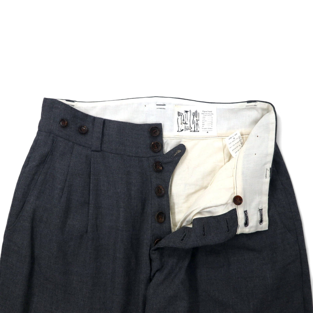 Digawel Works Pantaloni a sigaretta affusolati a 2 pinces a vita alta M grigio lana con bottoni per bretelle Prodotto in Giappone