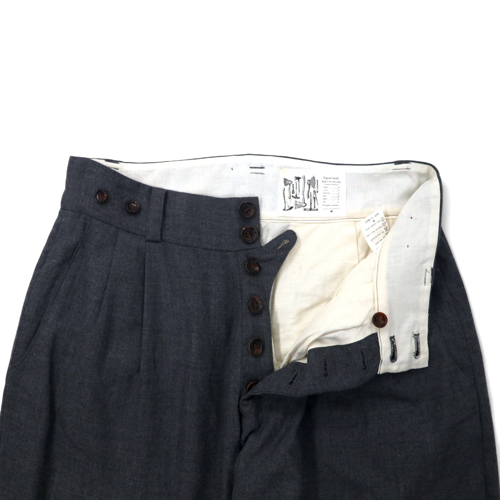 Digawel Works Pantaloni a sigaretta affusolati a 2 pinces a vita alta M grigio lana con bottoni per bretelle Prodotto in Giappone