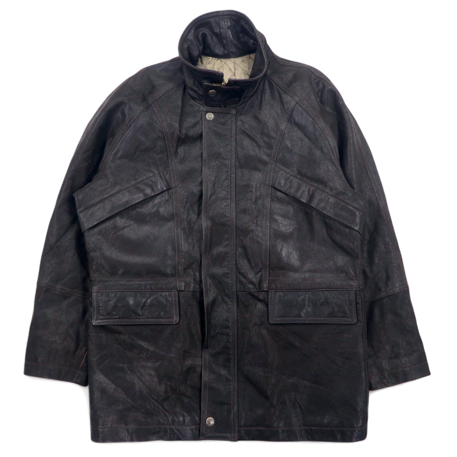 LAQUIERE Francia Euro Vintage Giacca in pelle con collo alla coreana, car coat, L, marrone, pelle di capra, coulisse