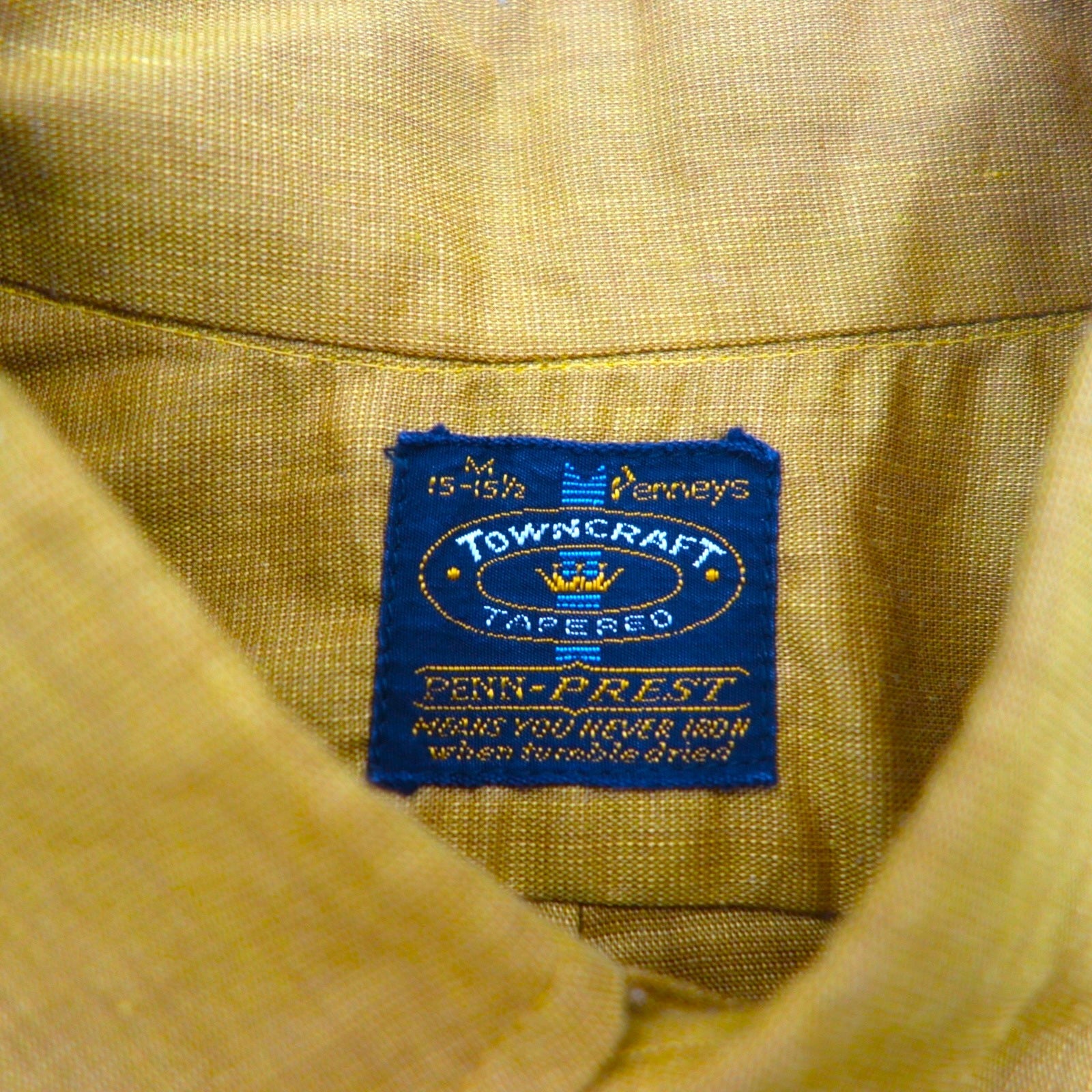 TOWNCRAFT (Penneys) Camicia button-down a maniche corte PENN-PREST anni '60, taglia M, color cammello, cotone