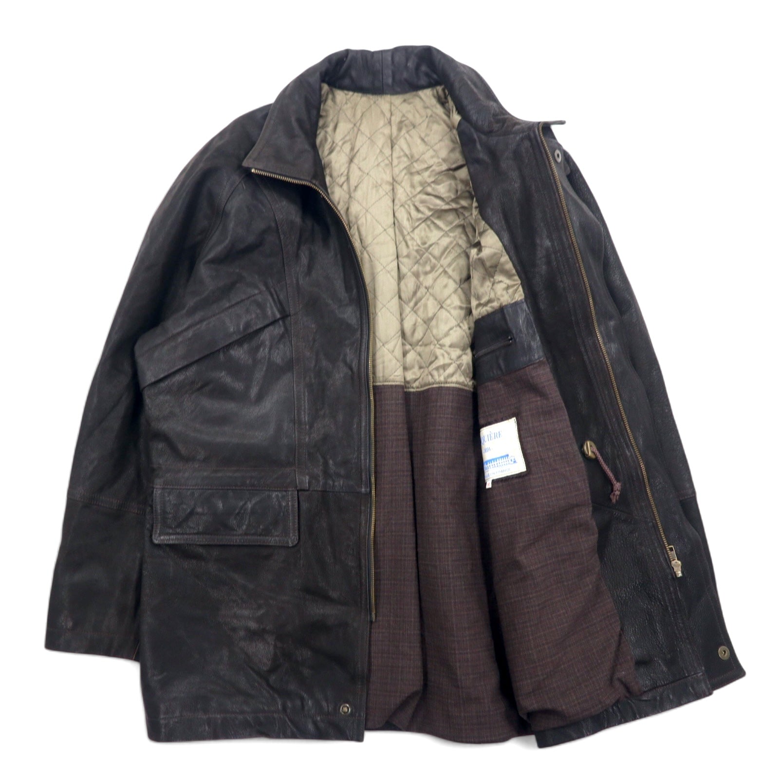 LAQUIERE Francia Euro Vintage Giacca in pelle con collo alla coreana, car coat, L, marrone, pelle di capra, coulisse