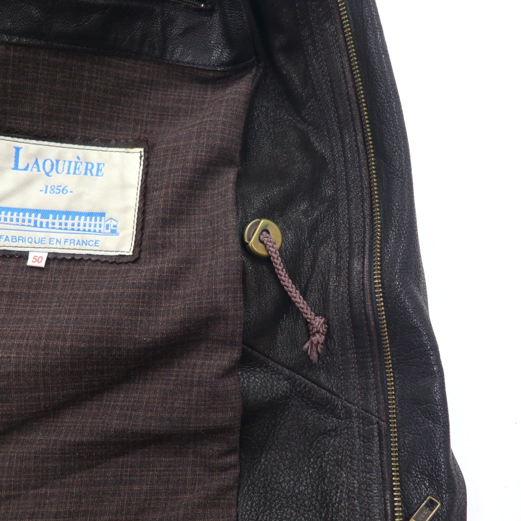 LAQUIERE Francia Euro Vintage Giacca in pelle con collo alla coreana, car coat, L, marrone, pelle di capra, coulisse