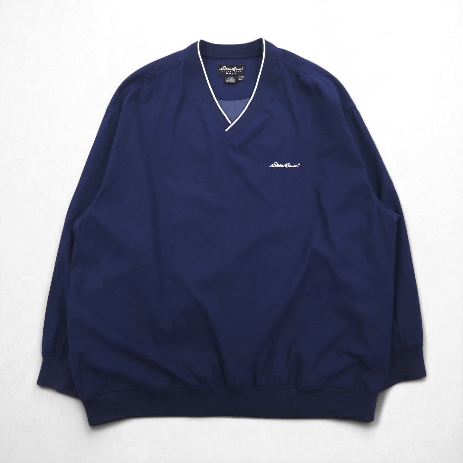 Eddie Bauer Giacca a vento pullover in nylon, taglia L, blu navy, poliestere idrorepellente, logo ricamato a punto singolo, tasche laterali