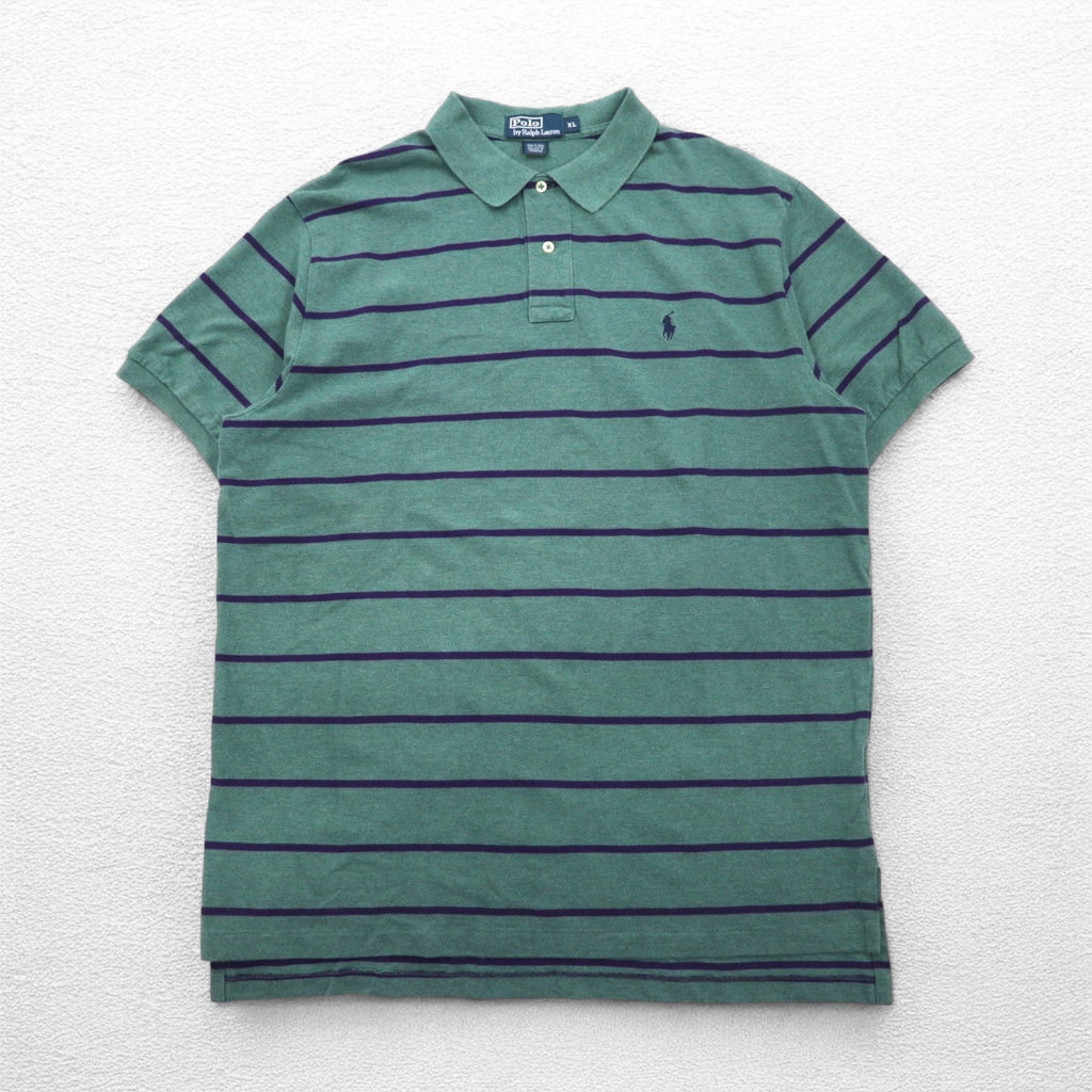 Polo by Ralph Lauren 90年代 ボーダー ポロシャツ XL グリーン コットン 鹿の子 スモールポニー刺繍