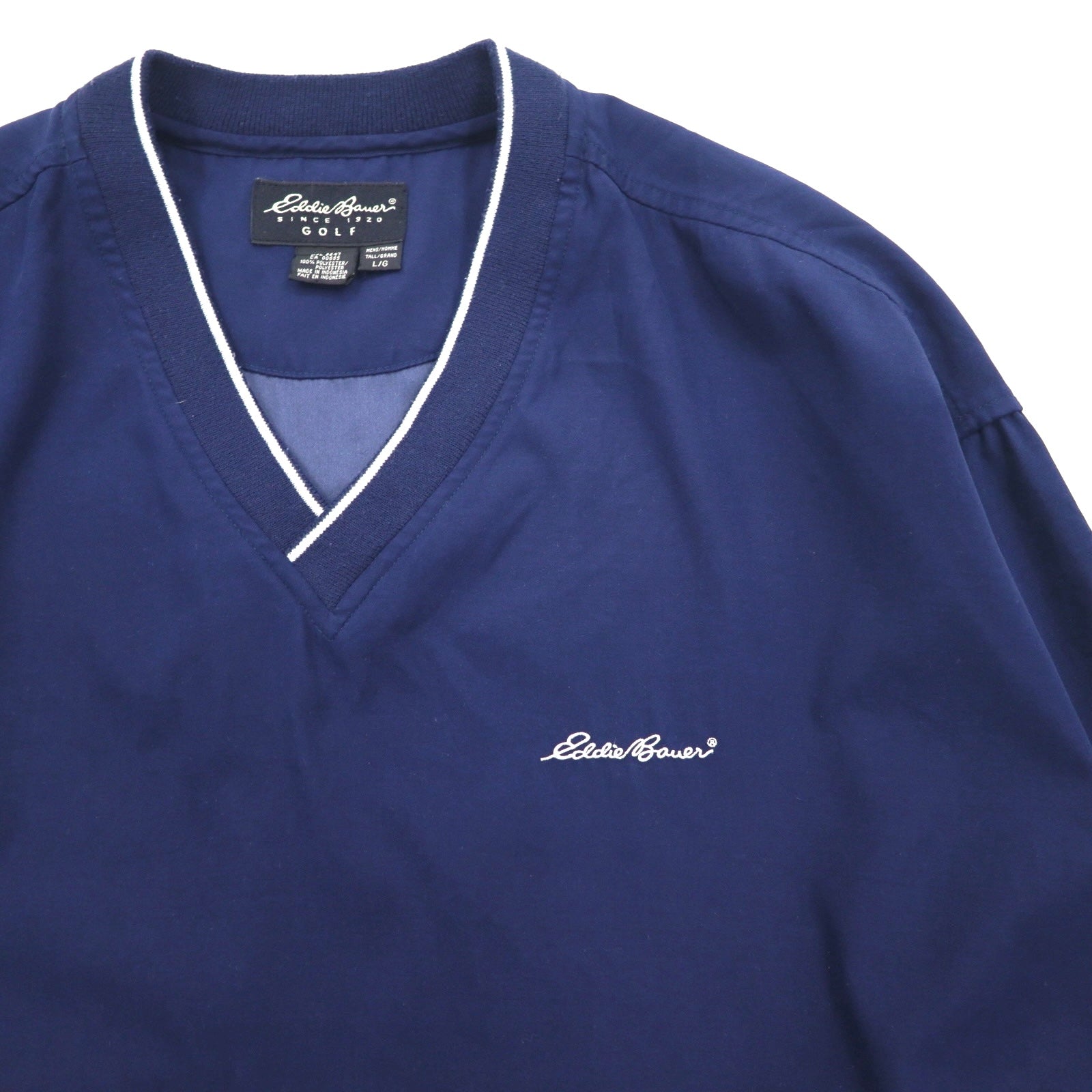 Eddie Bauer Giacca a vento pullover in nylon, taglia L, blu navy, poliestere idrorepellente, logo ricamato a punto singolo, tasche laterali