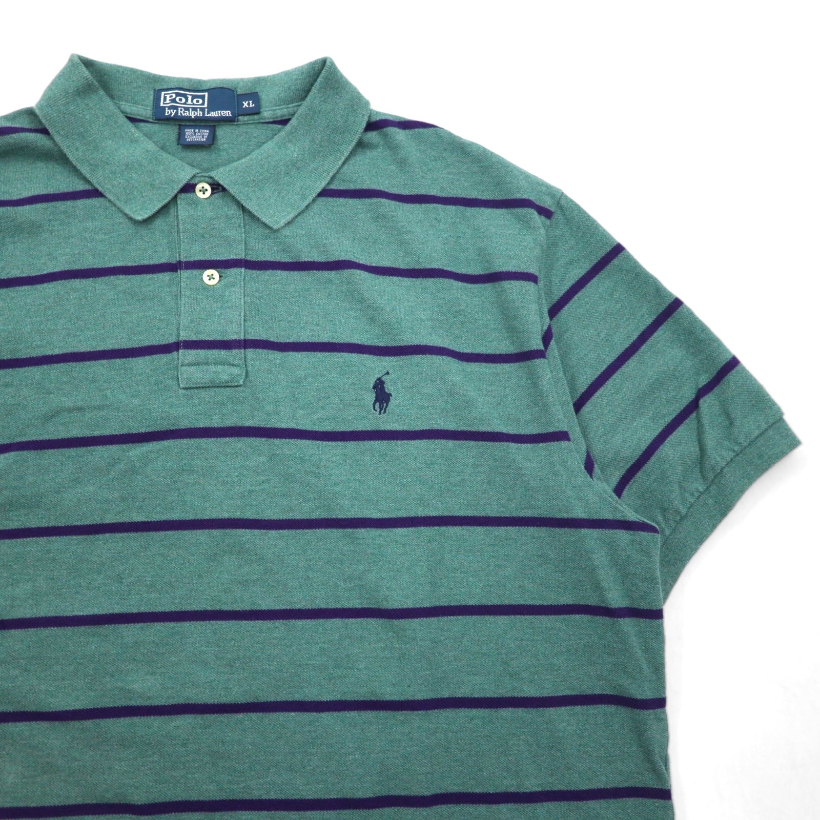 Polo by Ralph Lauren 90年代 ボーダー ポロシャツ XL グリーン コットン 鹿の子 スモールポニー刺繍