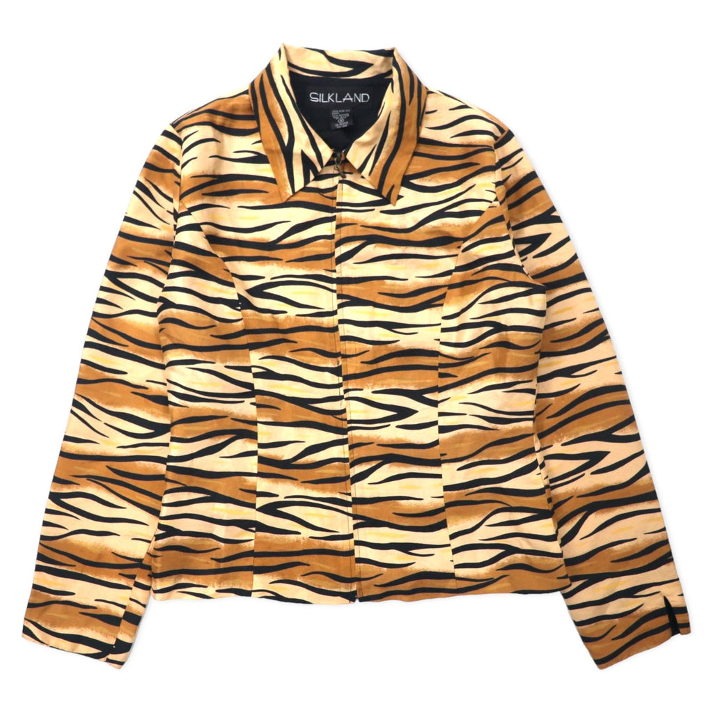 SILKLAND Anni '90 Camicia in seta con zip intera Taglia 4 Beige Fantasia Tigre
