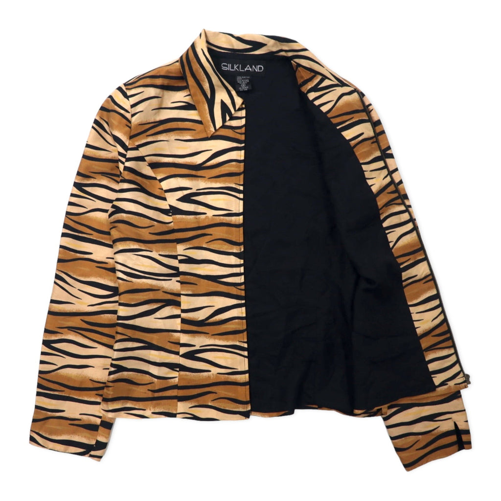 SILKLAND Anni '90 Camicia in seta con zip intera Taglia 4 Beige Fantasia Tigre