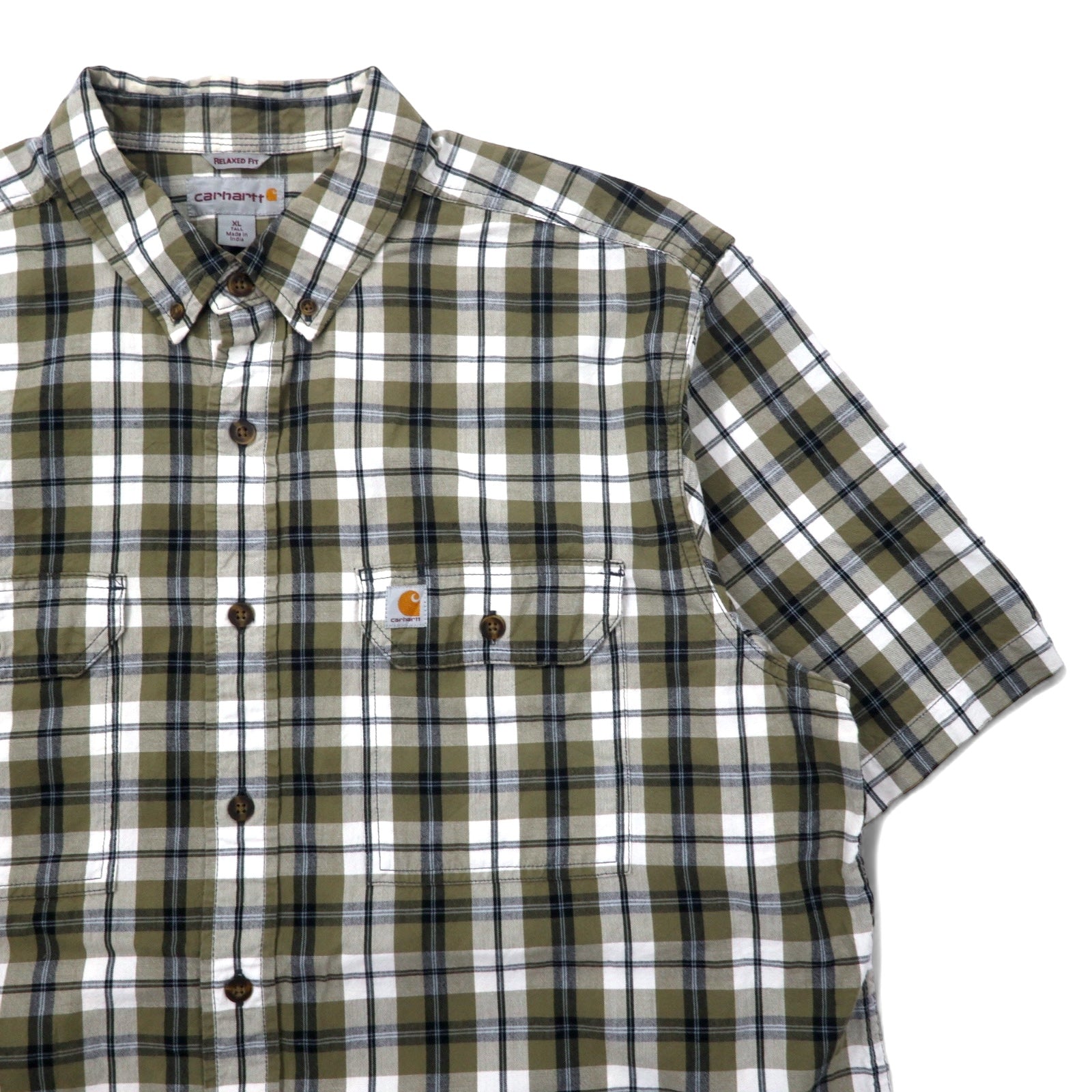 Carhartt camicia a maniche corte button-down, vestibilità rilassata, taglia XL, a quadri kaki e bianca, cotone, taglia grande