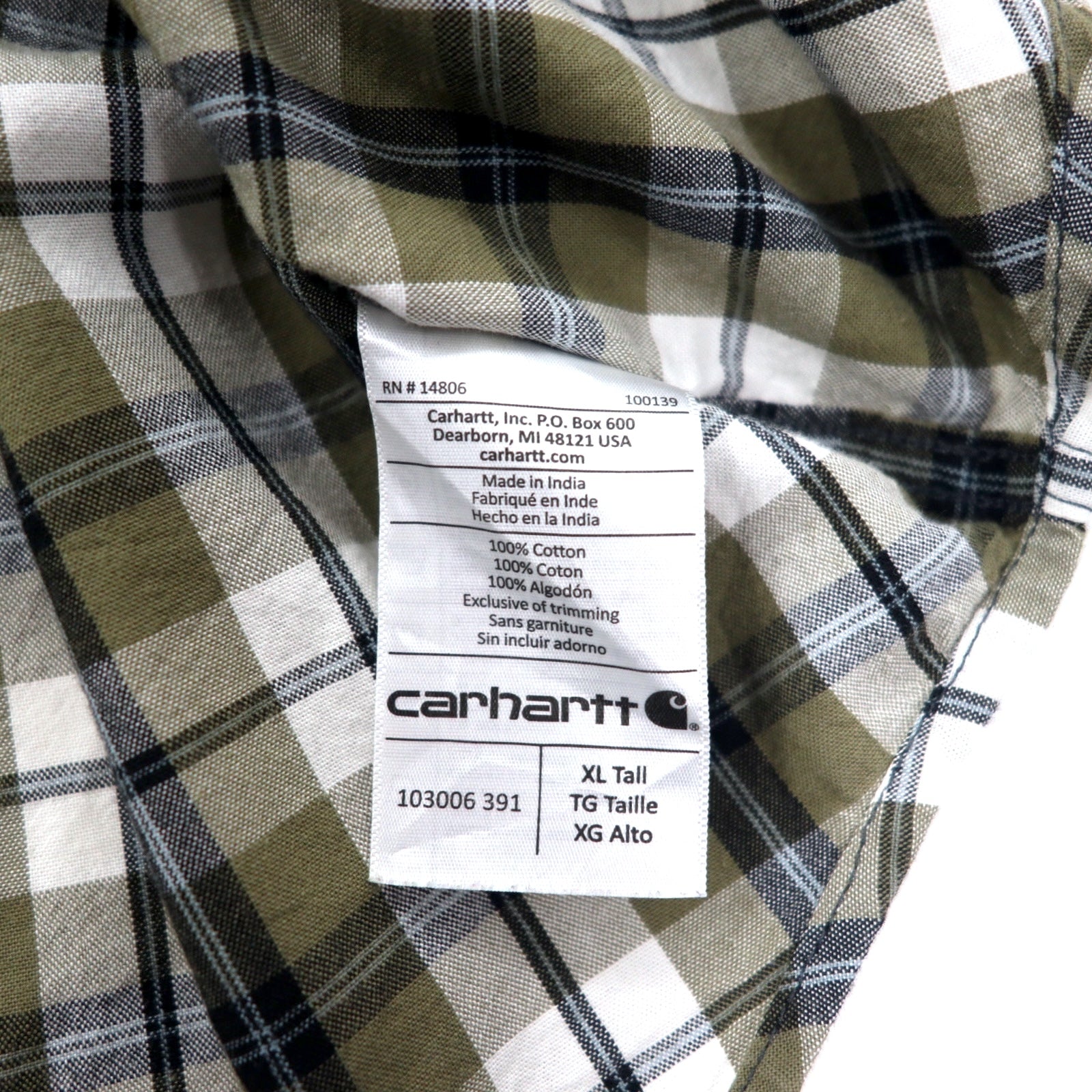 Carhartt camicia a maniche corte button-down, vestibilità rilassata, taglia XL, a quadri kaki e bianca, cotone, taglia grande