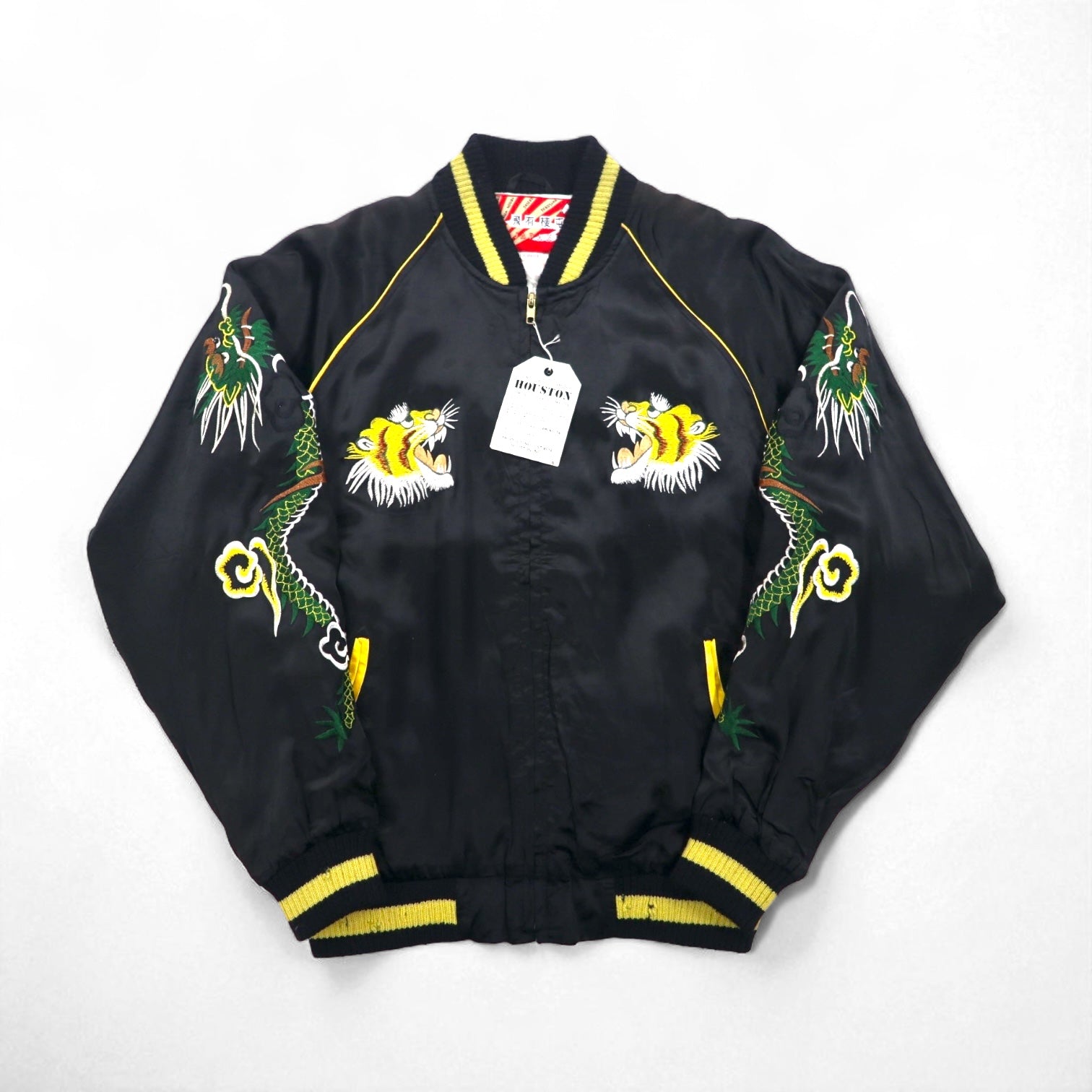 HOUSTON Anni '90 Giacca Souvenir Made in Japan L Nero Nylon Ricamato GIAPPONE Tigre Drago