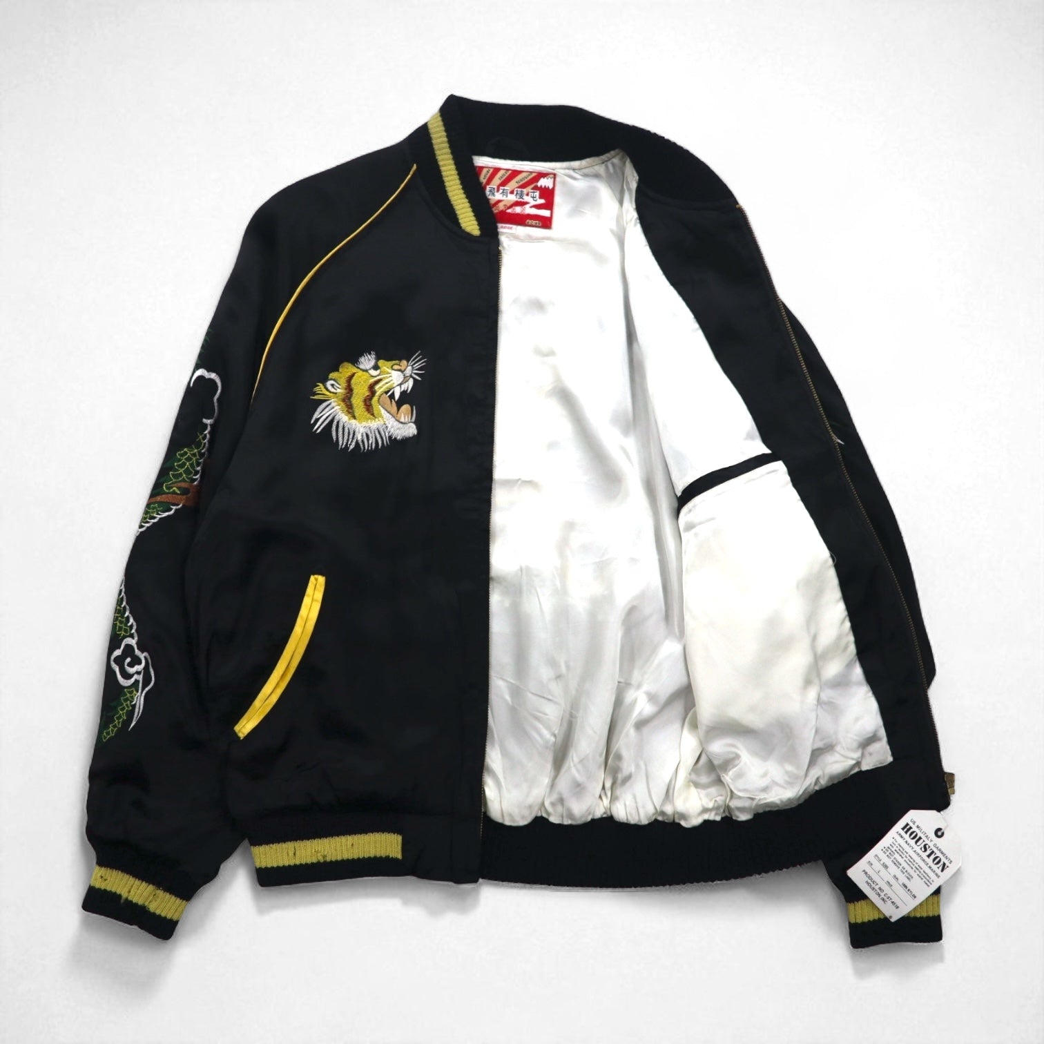 HOUSTON Anni '90 Giacca Souvenir Made in Japan L Nero Nylon Ricamato GIAPPONE Tigre Drago