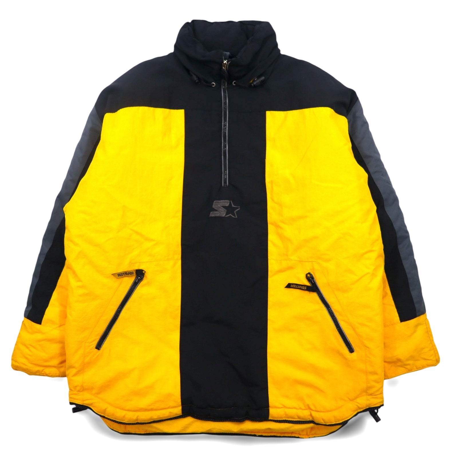 STARTER Anorak a vento imbottito anni '90 con cappuccio riponibile, taglia L, giallo, nylon, imbottitura, made in Sri Lanka