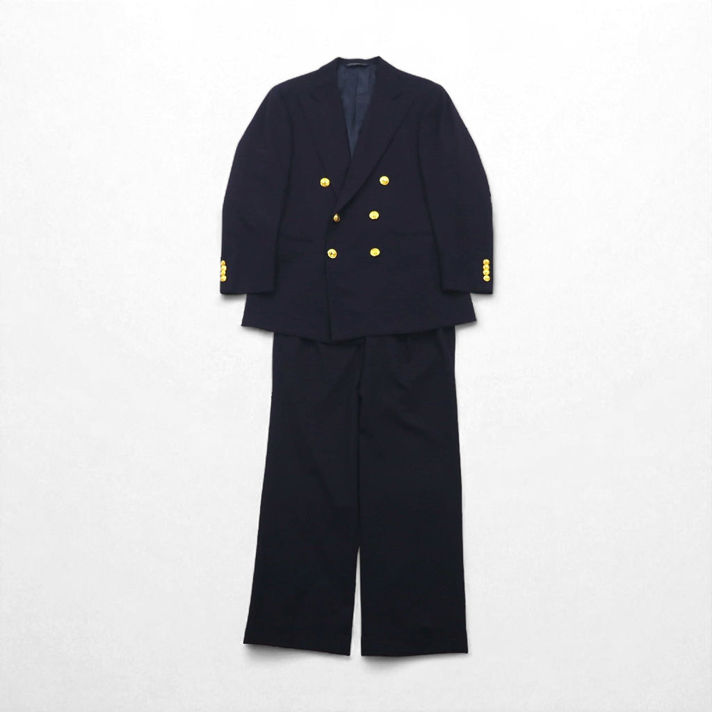 Ralph Lauren anni '90, blazer doppiopetto blu navy, made in Japan, completo in lana con bottoni dorati, taglia M.