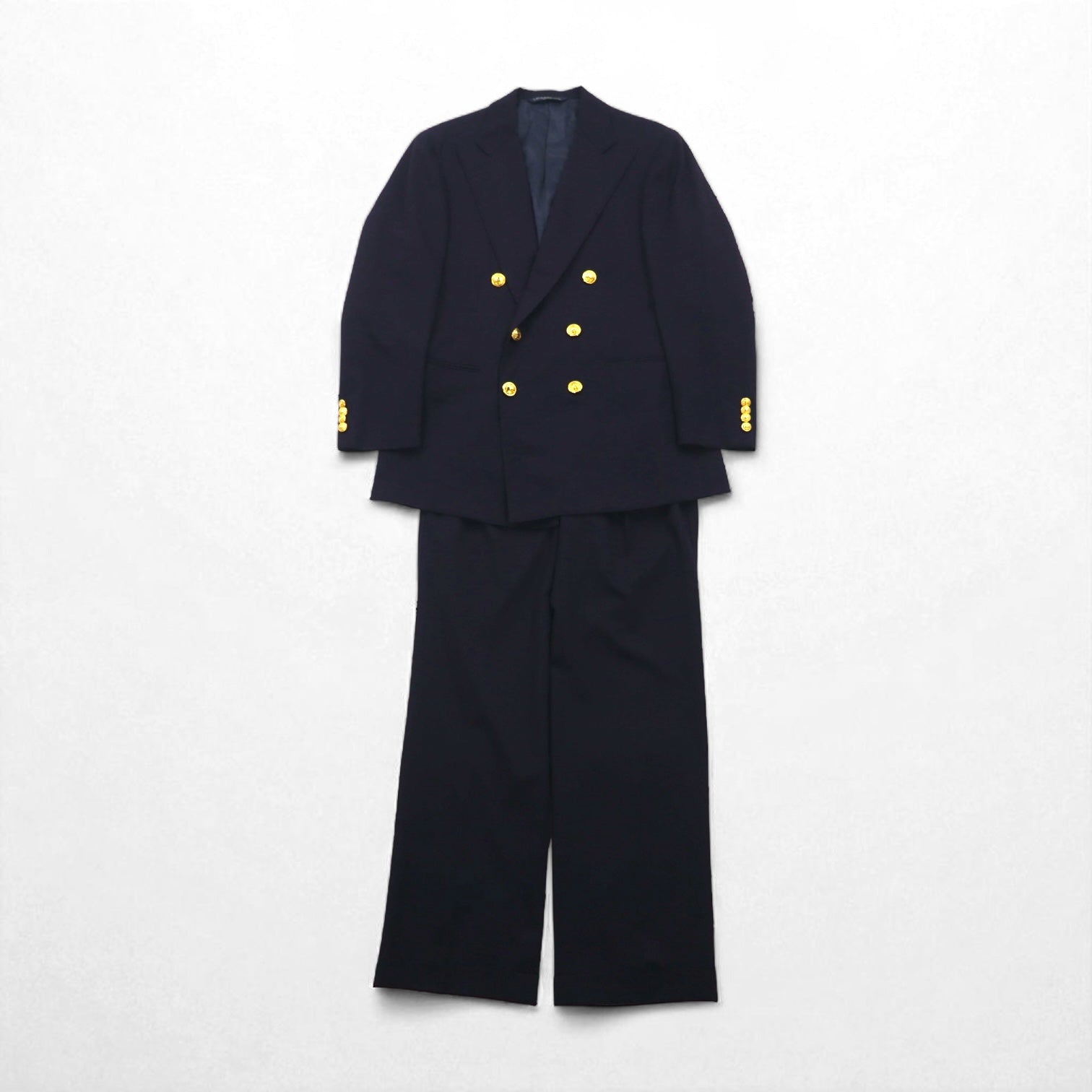 Ralph Lauren anni '90, blazer doppiopetto blu navy, made in Japan, completo in lana con bottoni dorati, taglia M.