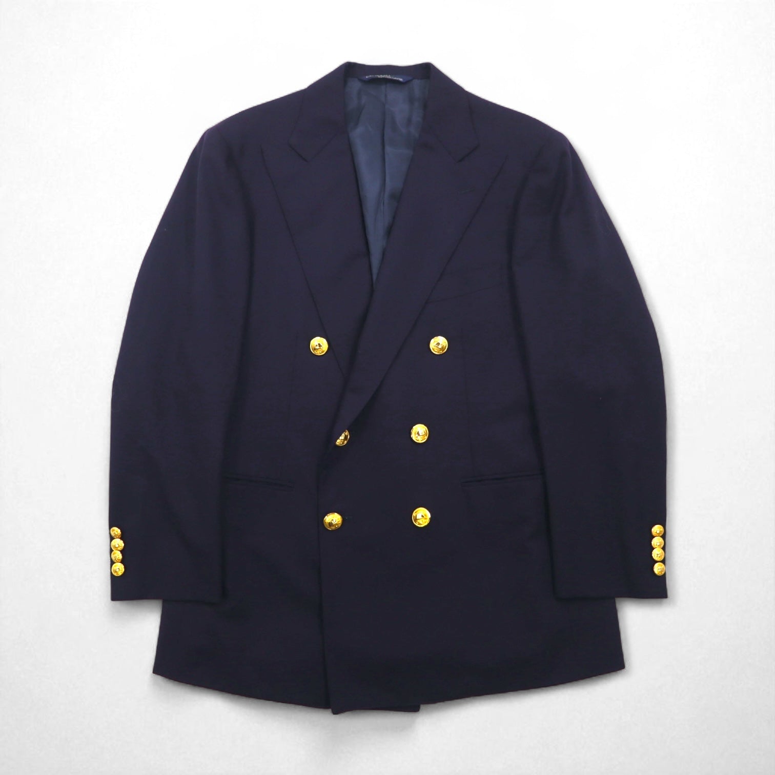 Ralph Lauren anni '90, blazer doppiopetto blu navy, made in Japan, completo in lana con bottoni dorati, taglia M.