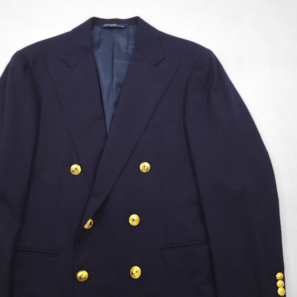 Ralph Lauren anni '90, blazer doppiopetto blu navy, made in Japan, completo in lana con bottoni dorati, taglia M.